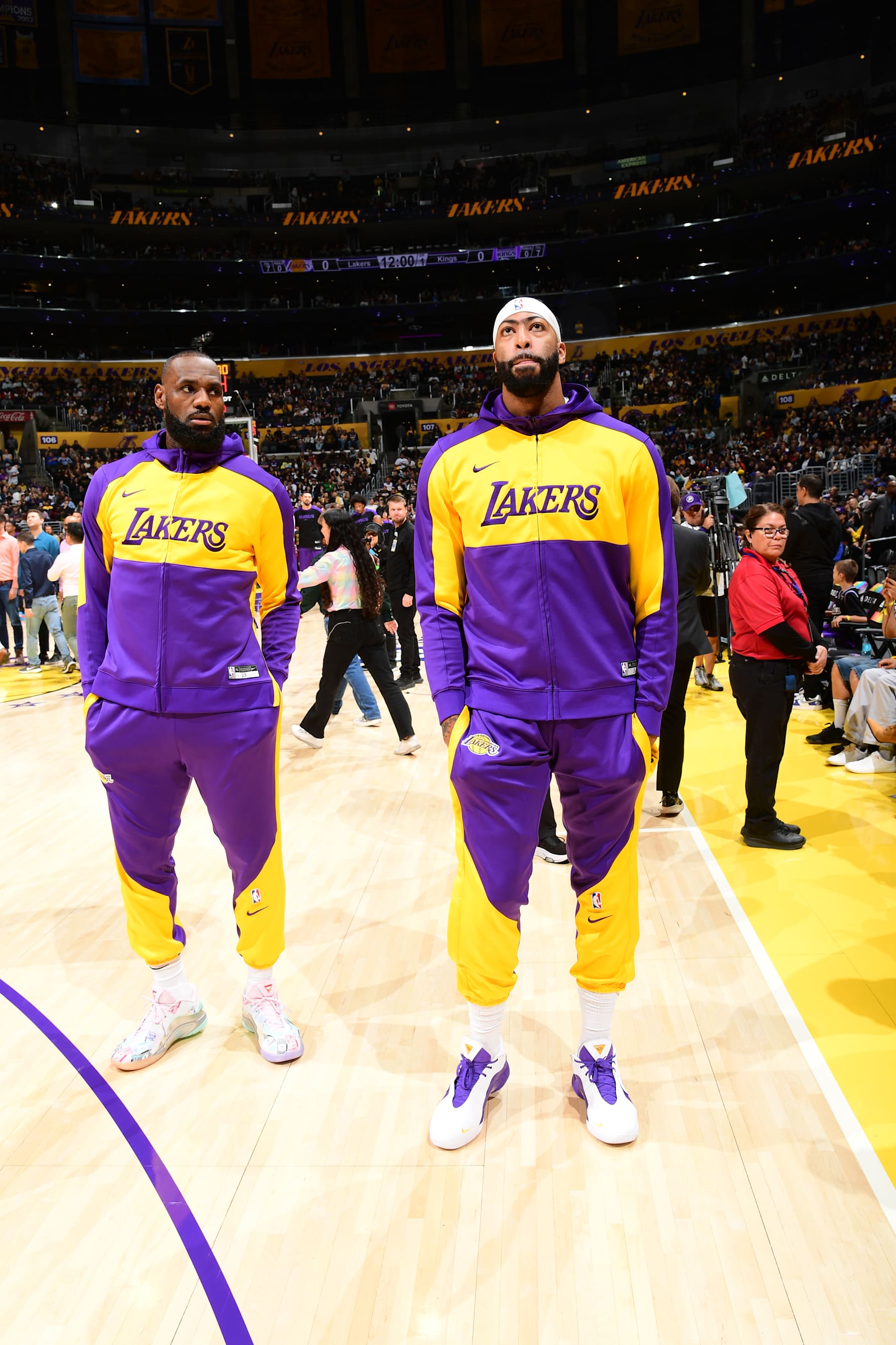 LOS ANGELES, CA - OCTOBER 26: LeBron James #23 and Anthony Davis #3 of the Los Angeles Lakers look on before the game against the Sacramento Kings on October 26, 2024 at Crypto.Com Arena in Los Angeles, California. NOTE TO USER: User expressly acknowledges and agrees that, by downloading and/or using this Photograph, user is consenting to the terms and conditions of the Getty Images License Agreement. Mandatory Copyright Notice: Copyright 2024 NBAE (Photo by Adam Pantozzi/NBAE via Getty Images)