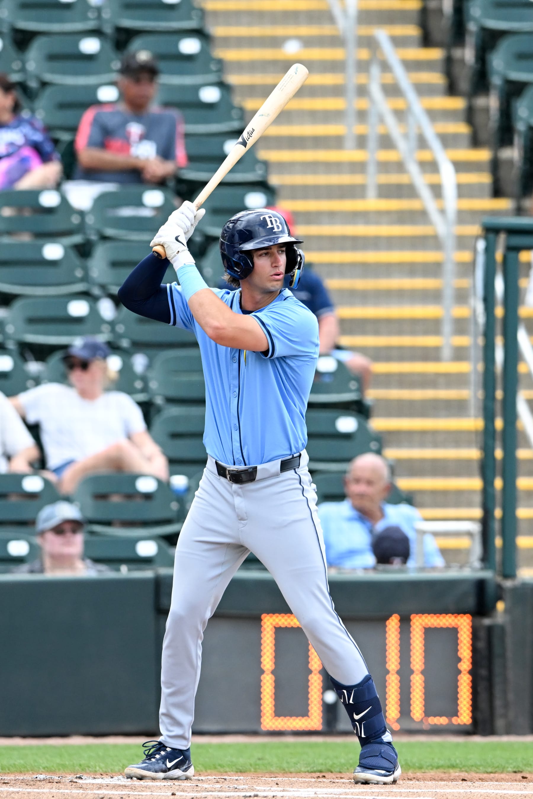 FORT MYERS, FLORIDA - MARCH 16, 2024: Carson Williams #80 of the Tampa Bay Rays bats during the first inning of a spring training Spring Breakout game against the Minnesota Twins at Hammond Stadium on March 16, 2024 in Fort Myers, Florida. (Photo by Nick Cammett/Diamond Images via Getty Images)