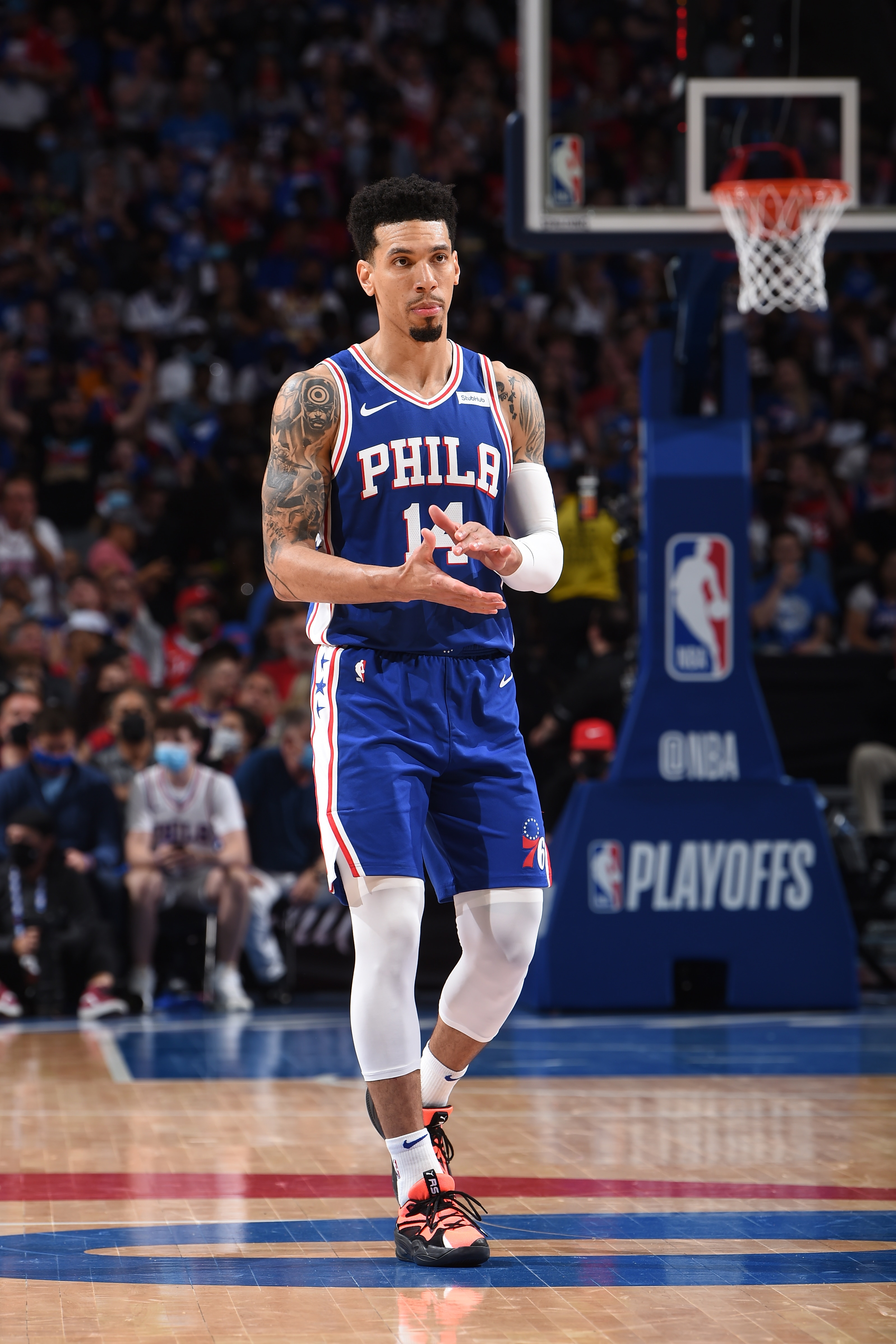 PHILADELPHIA, PA - JUNE 8: Danny Green #14 of the Philadelphia 76ers reacts during a game against the Atlanta Hawks during Round 2, Game 2 of the Eastern Conference Playoffs on June 8, 2021 at Wells Fargo Center in Philadelphia, Pennsylvania. NOTE TO USER: User expressly acknowledges and agrees that, by downloading and/or using this Photograph, user is consenting to the terms and conditions of the Getty Images License Agreement. Mandatory Copyright Notice: Copyright 2021 NBAE (Photo by David Dow/NBAE via Getty Images)