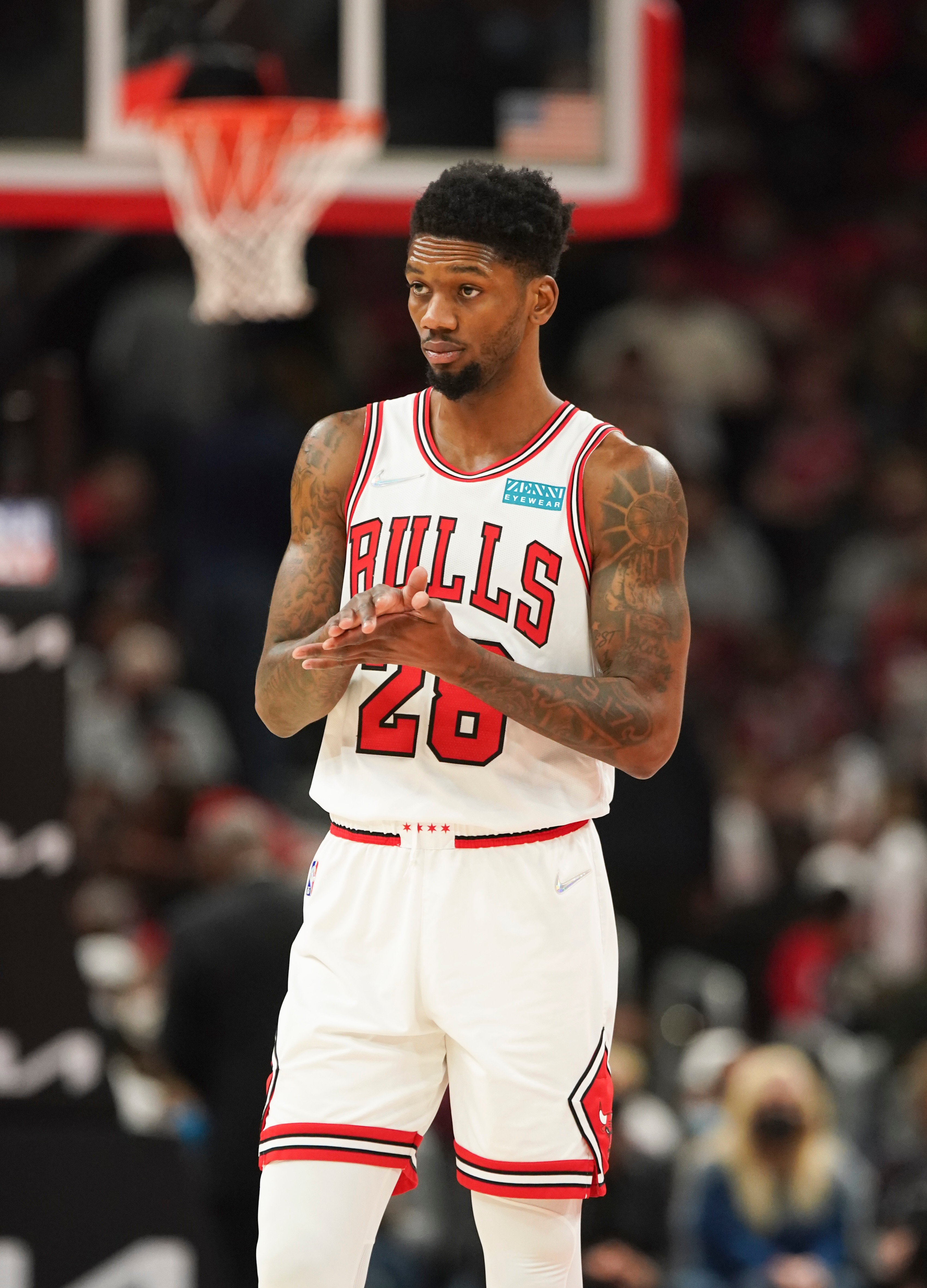 CHICAGO, ILLINOIS - DECEMBER 20:  Alfonzo McKinnie #28 of the Chicago Bulls looks on during the game against the Houston Rockets at the United Center on December 20, 2021 in Chicago, Illinois. NOTE TO USER: User expressly acknowledges and agrees that, by downloading and or using this photograph, User is consenting to the terms and conditions of the Getty Images License Agreement. (Photo by Nuccio DiNuzzo/Getty Images)