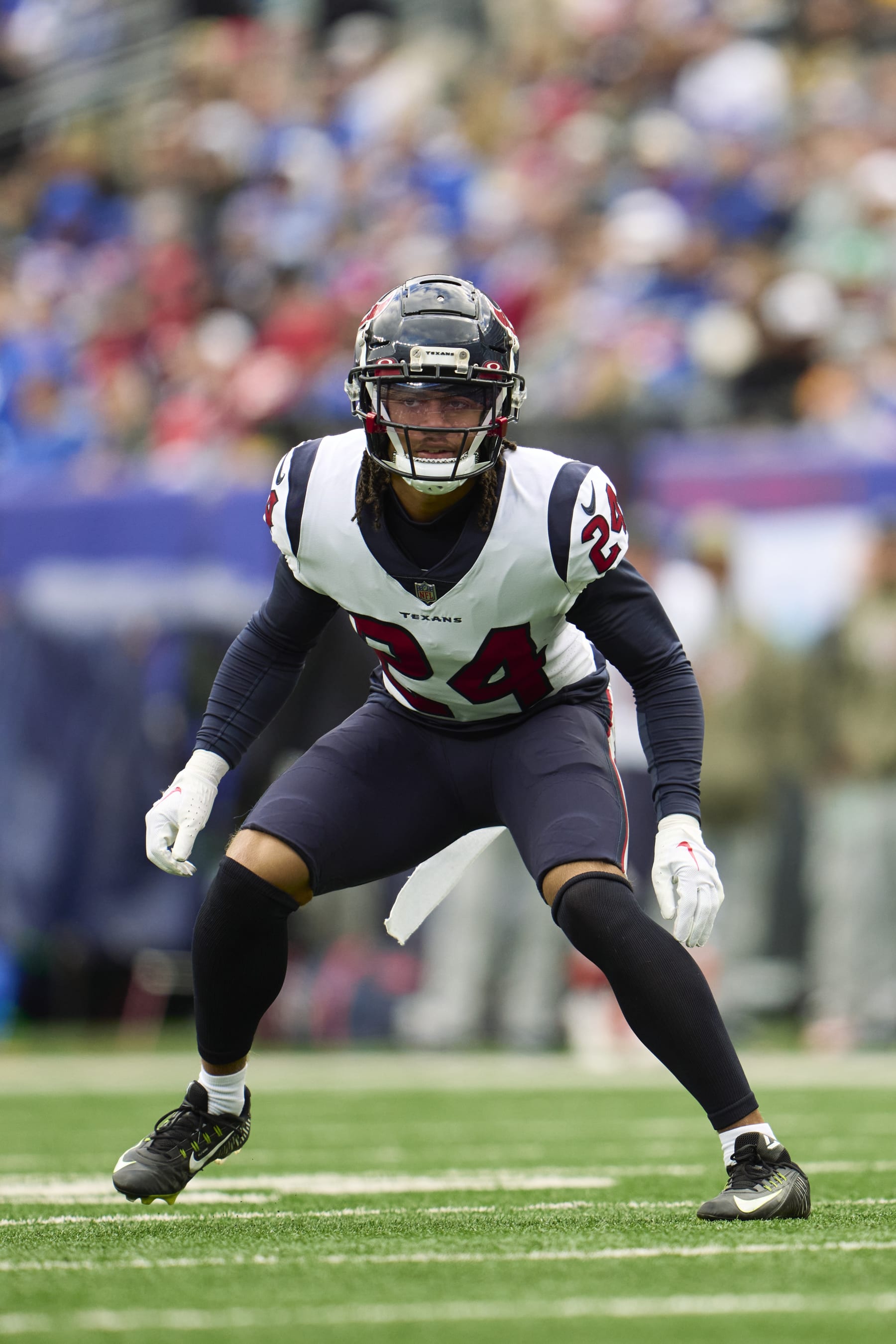 EAST RUTHERFORD, NJ - NOVEMBER 13: Derek Stingley Jr. #24 of the Houston Texans defends against the New York Giants during the first half at MetLife Stadium on November 13, 2022 in East Rutherford, New Jersey. (Photo by Cooper Neill/Getty Images)