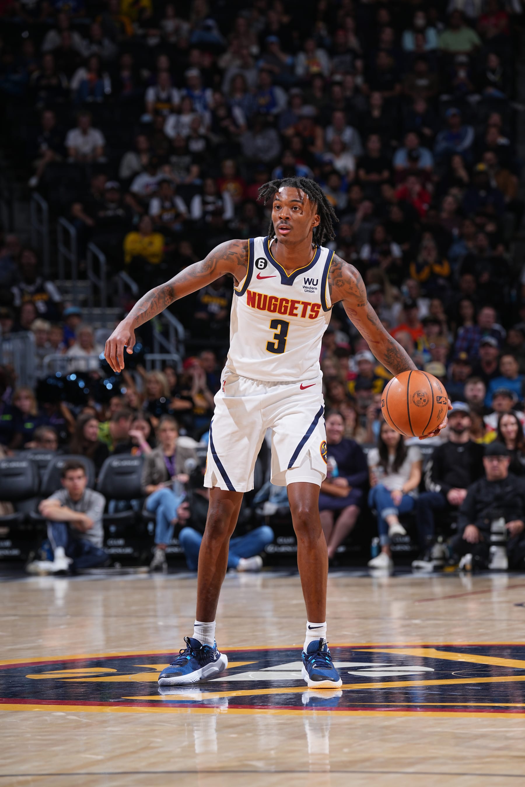 DENVER, CO - OCTOBER 10: Bones Hyland #3 of the Denver Nuggets dribbles the ball during the game against the Phoenix Suns on October 10, 2022 at the Ball Arena in Denver, Colorado. NOTE TO USER: User expressly acknowledges and agrees that, by downloading and/or using this Photograph, user is consenting to the terms and conditions of the Getty Images License Agreement. Mandatory Copyright Notice: Copyright 2022 NBAE (Photo by Bart Young/NBAE via Getty Images)