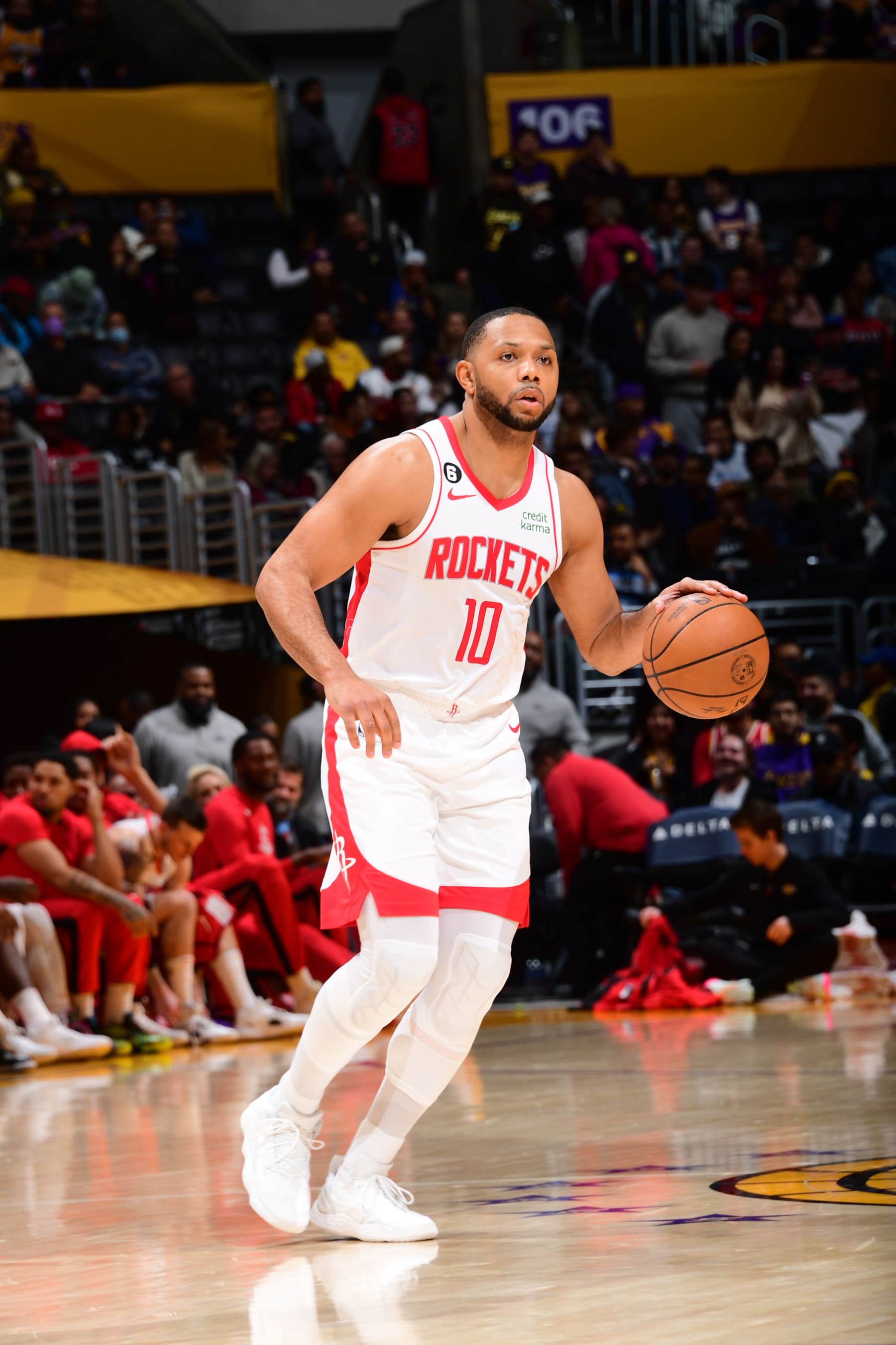 LOS ANGELES, CA - JANUARY 16: Eric Gordon #10 of the Houston Rockets dribbles the ball during the game against the Los Angeles Lakers on January 16, 2023 at Crypto.Com Arena in Los Angeles, California. NOTE TO USER: User expressly acknowledges and agrees that, by downloading and/or using this Photograph, user is consenting to the terms and conditions of the Getty Images License Agreement. Mandatory Copyright Notice: Copyright 2023 NBAE (Photo by Adam Pantozzi/NBAE via Getty Images)