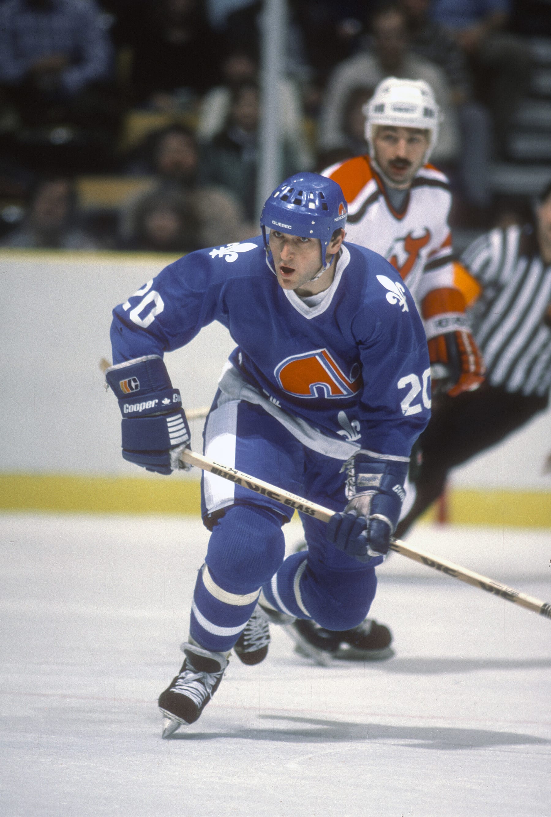 EAST RUTHERFORD, NJ - CIRCA 1982: Anton astný #20 of the Quebec Nordiques skates against the New Jersey Devils during an NHL Hockey game circa 1982 at the Brendan Byrne Arena in East Rutherford, New Jersey. astný's playing career went from 1976-1994. (Photo by Focus on Sport/Getty Images)