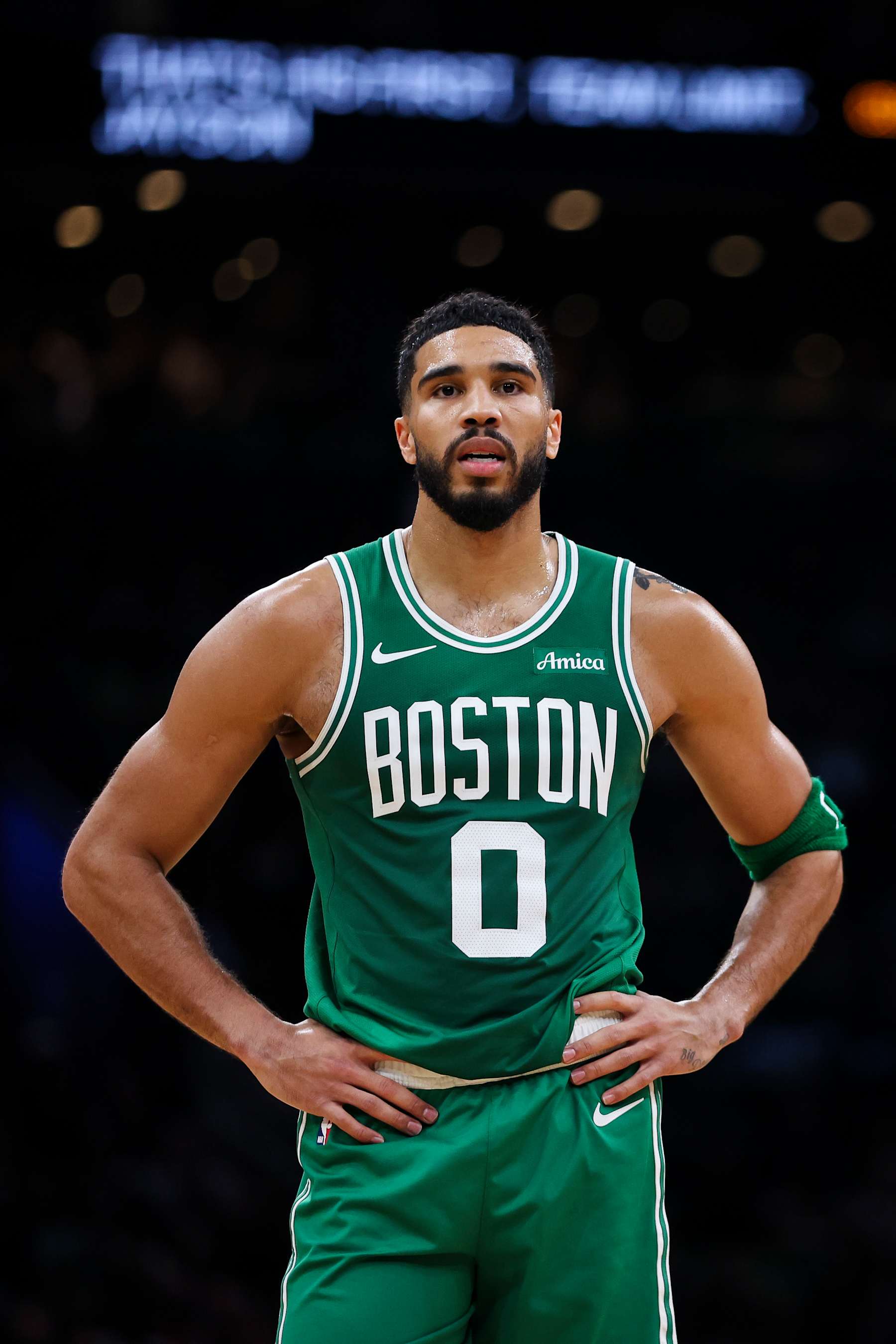 BOSTON, MA - NOVEMBER 6:  Jayson Tatum #0 of the Boston Celtics reacts during a game against the Golden State Warriors at TD Garden on NOVEMBER 6:, 2024 in Boston, Massachusetts. NOTE TO USER: User expressly acknowledges and agrees that, by downloading and or using this photograph, User is consenting to the terms and conditions of the Getty Images License Agreement. (Photo by Adam Glanzman/Getty Images)