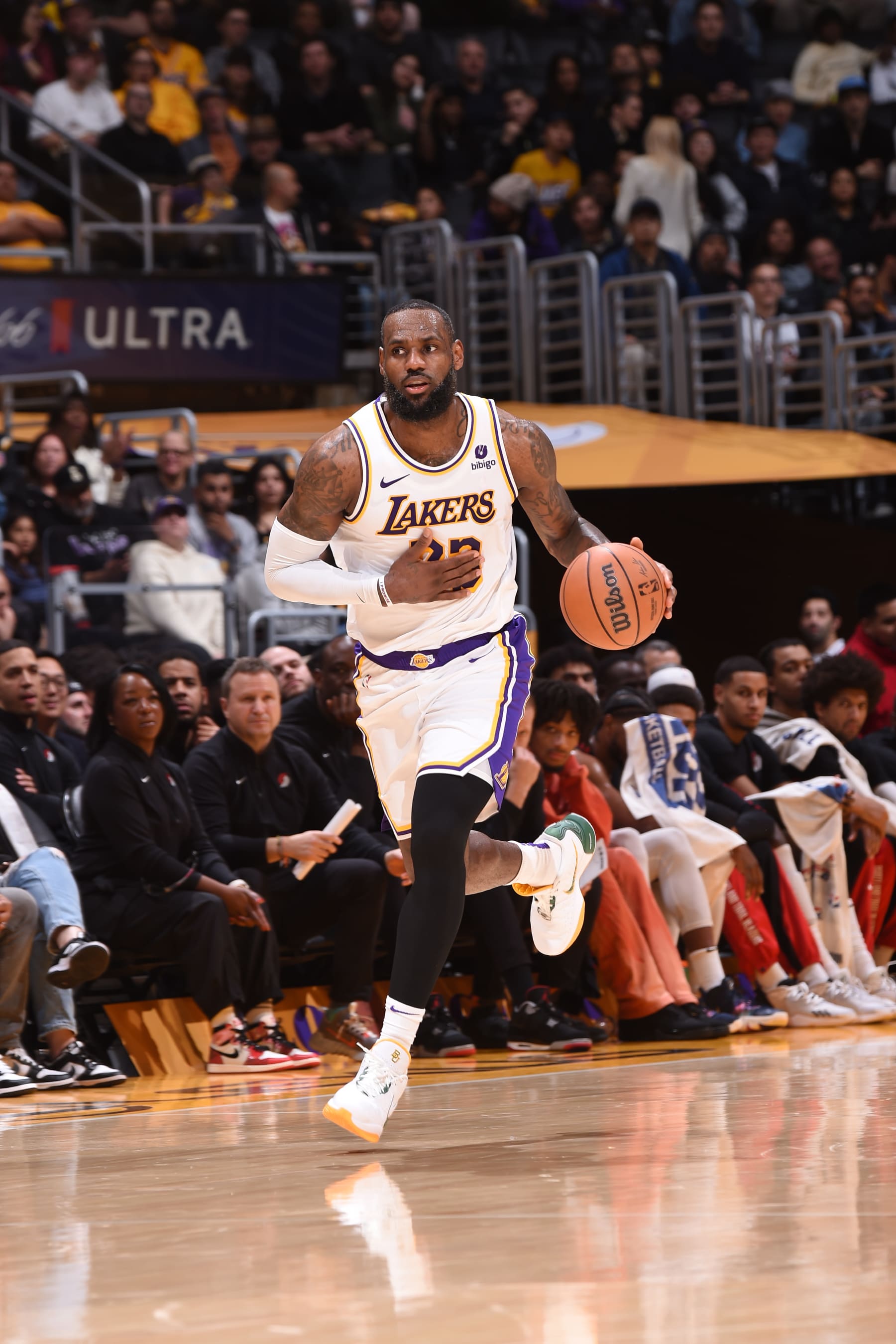 LOS ANGELES, CA - JANUARY 21:  LeBron James #23 of the Los Angeles Lakers handles the ball during the game on January 21, 2024 at Crypto.Com Arena in Los Angeles, California. NOTE TO USER: User expressly acknowledges and agrees that, by downloading and/or using this Photograph, user is consenting to the terms and conditions of the Getty Images License Agreement. Mandatory Copyright Notice: Copyright 2024 NBAE (Photo by Juan Ocampo/NBAE via Getty Images)