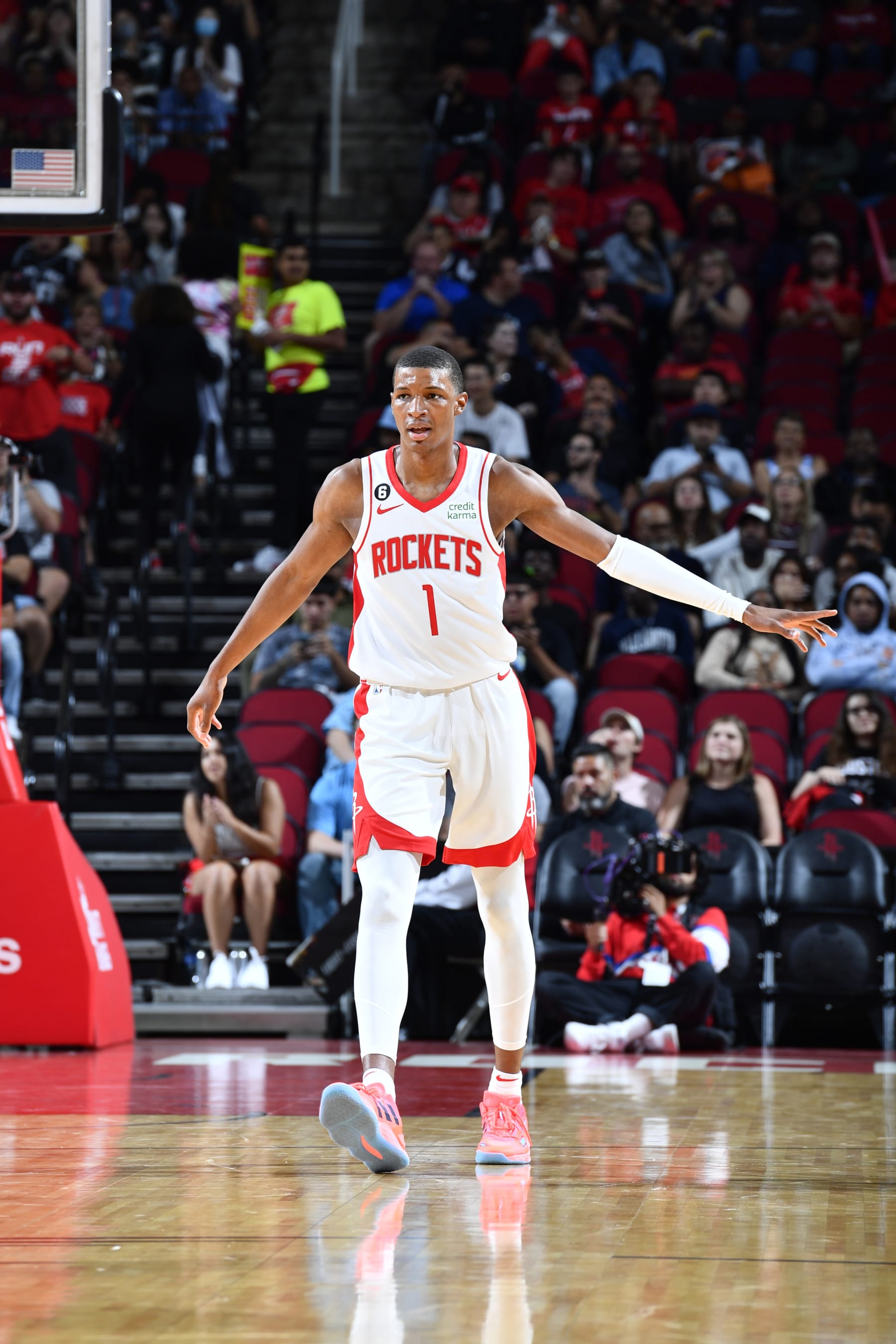 HOUSTON, TX - OCTOBER 2: Jabari Smith Jr. #1 of the Houston Rockets walks on to the court during a preseason game against the San Antonio Spurs on October 2, 2022 at the Toyota Center in Houston, Texas. NOTE TO USER: User expressly acknowledges and agrees that, by downloading and or using this photograph, User is consenting to the terms and conditions of the Getty Images License Agreement. Mandatory Copyright Notice: Copyright 2022 NBAE (Photo by Logan Riely/NBAE via Getty Images)