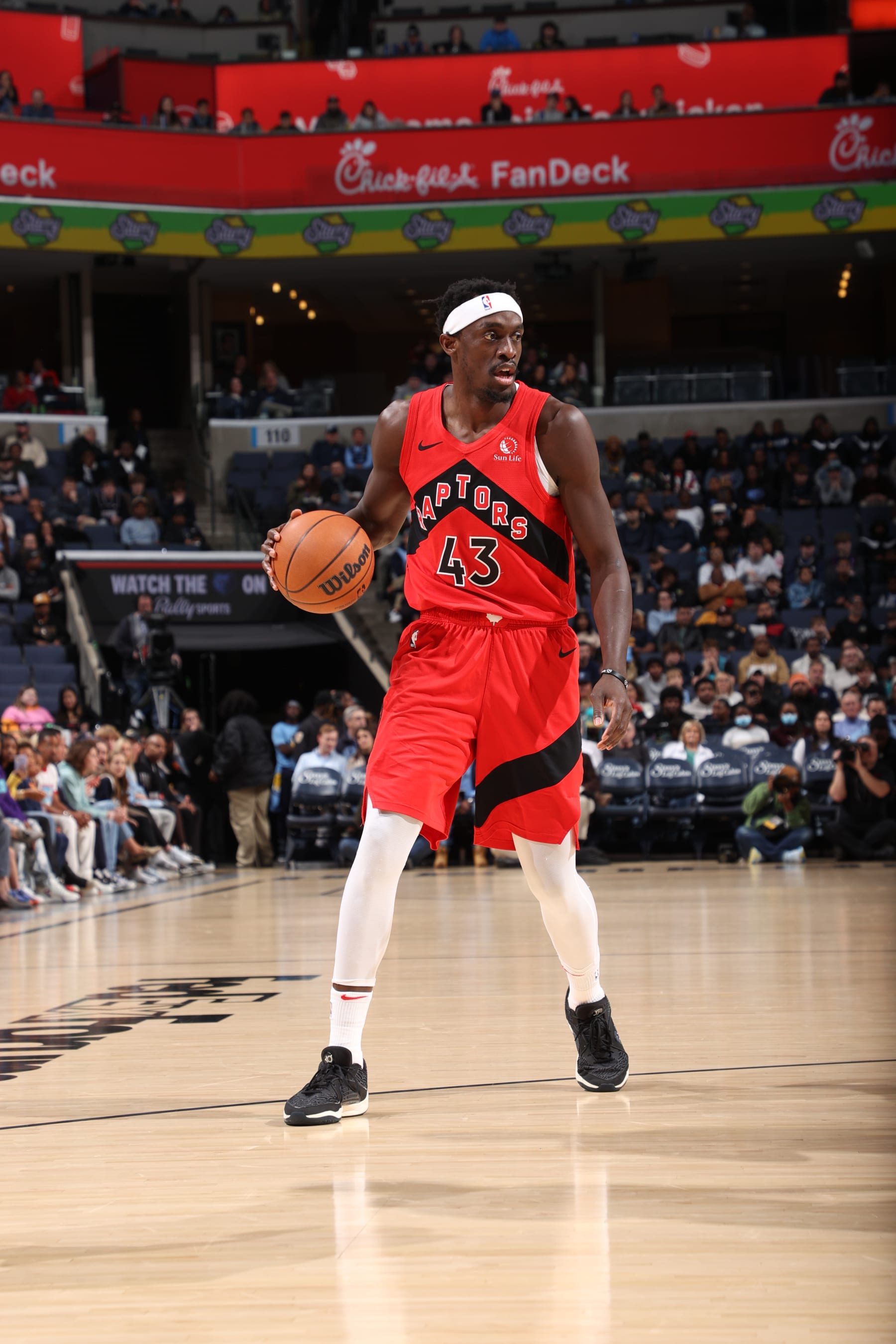 MEMPHIS, TN - JANUARY 3:  Pascal Siakam #43 of the Toronto Raptors handles the ball during the game  on January 3, 2024 at FedExForum in Memphis, Tennessee. NOTE TO USER: User expressly acknowledges and agrees that, by downloading and or using this photograph, User is consenting to the terms and conditions of the Getty Images License Agreement. Mandatory Copyright Notice: Copyright 2024 NBAE (Photo by Joe Murphy/NBAE via Getty Images)