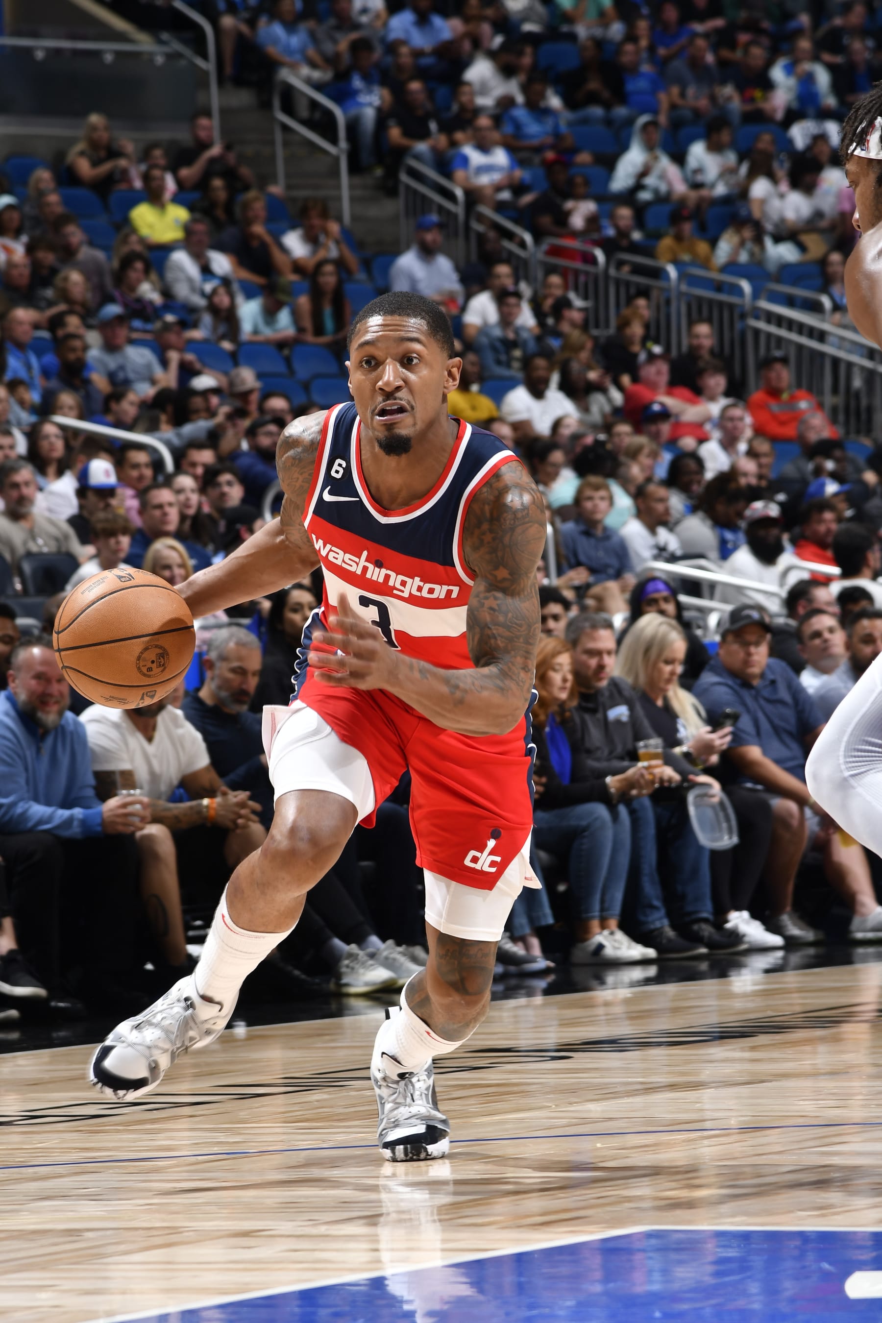 ORLANDO, FL - MARCH 21: Bradley Beal #3 of the Washington Wizards goes to the basket during the game on March 21, 2023 at Amway Center in Orlando, Florida. NOTE TO USER: User expressly acknowledges and agrees that, by downloading and or using this photograph, User is consenting to the terms and conditions of the Getty Images License Agreement. Mandatory Copyright Notice: Copyright 2023 NBAE (Photo by Fernando Medina/NBAE via Getty Images)