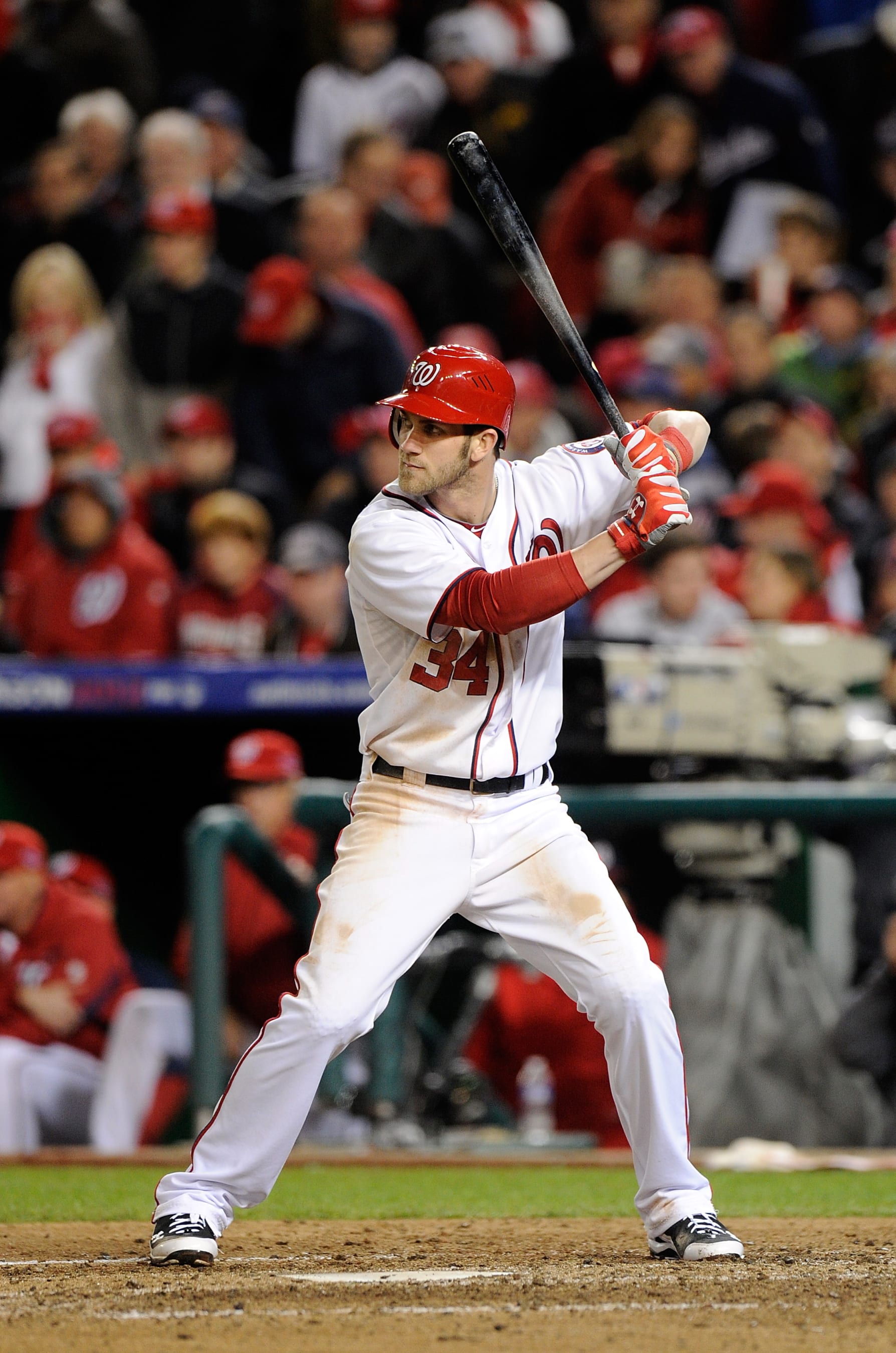WASHINGTON, DC - OCTOBER 12:  Bryce Harper #34 of the Washington Nationals bats against the St. Louis Cardinals in Game Five of the National League Division Series at Nationals Park on October 12, 2012 in Washington, DC.  (Photo by G Fiume/Getty Images)