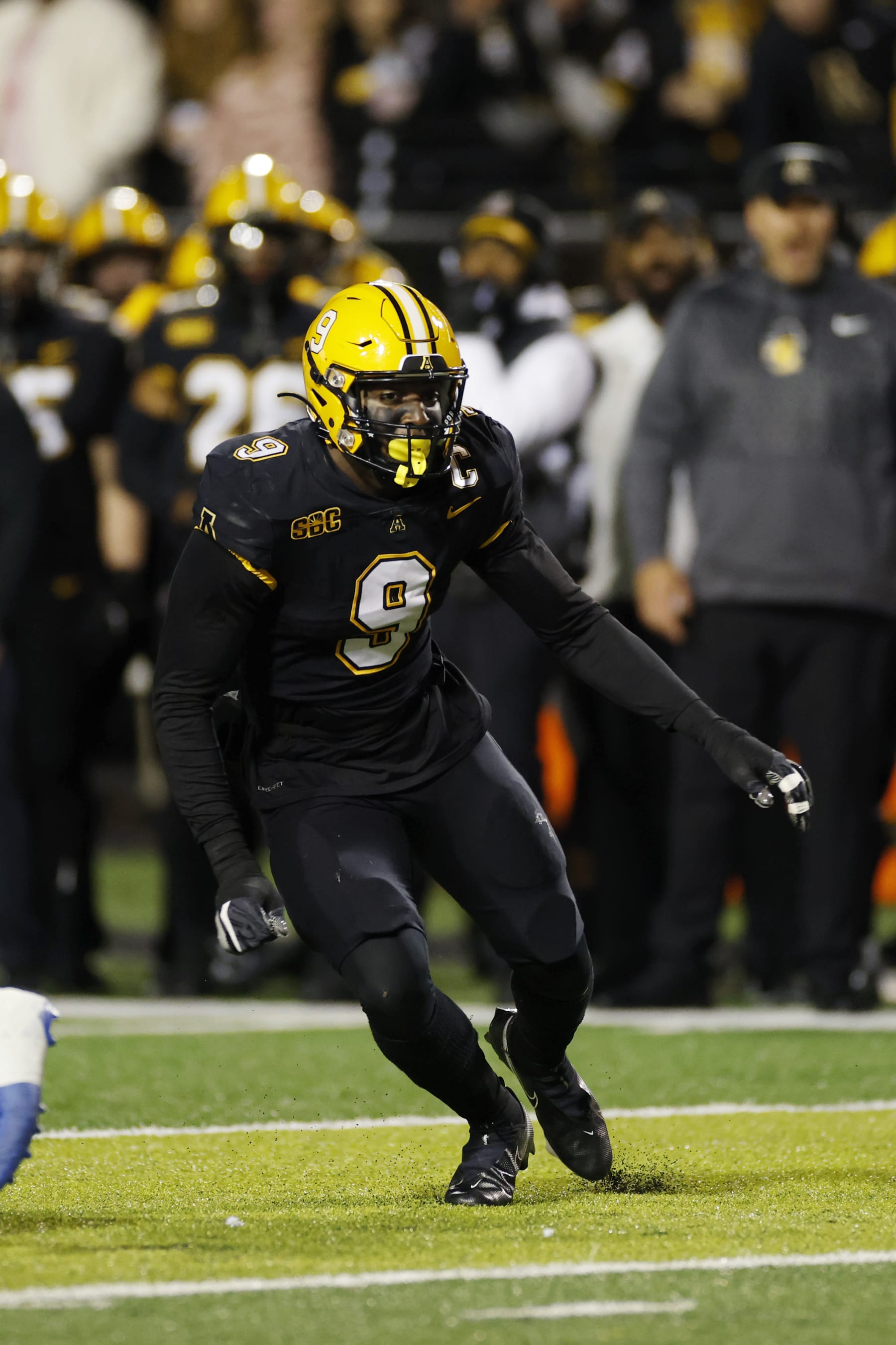 BOONE, NC - OCTOBER 19: Appalachian State Mountaineers linebacker Nick Hampton (9) pursues a play on defense during a college football game against the Georgia State Panthers on October 19, 2022 at Kidd Brewer Stadium in Boone, North Carolina. (Photo by Joe Robbins/Icon Sportswire via Getty Images)