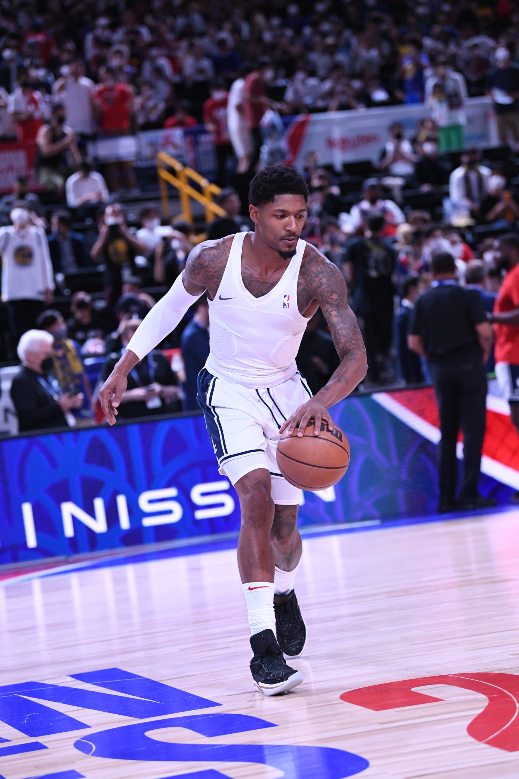 SAITAMA, JAPAN - OCTOBER 2: Bradley Beal of the Washington Wizards warms up against the Golden State Warriors during the NBA Japan Games 2022 at Saitama Super Arena on October 2, 2022 in Saitama, Japan. NOTE TO USER: User expressly acknowledges and agrees that, by downloading and/or using this Photograph, user is consenting to the terms and conditions of the Getty Images License Agreement. Mandatory Copyright Notice: Copyright 2022 NBAE (Photo by Stephen Gosling/NBAE via Getty Images)