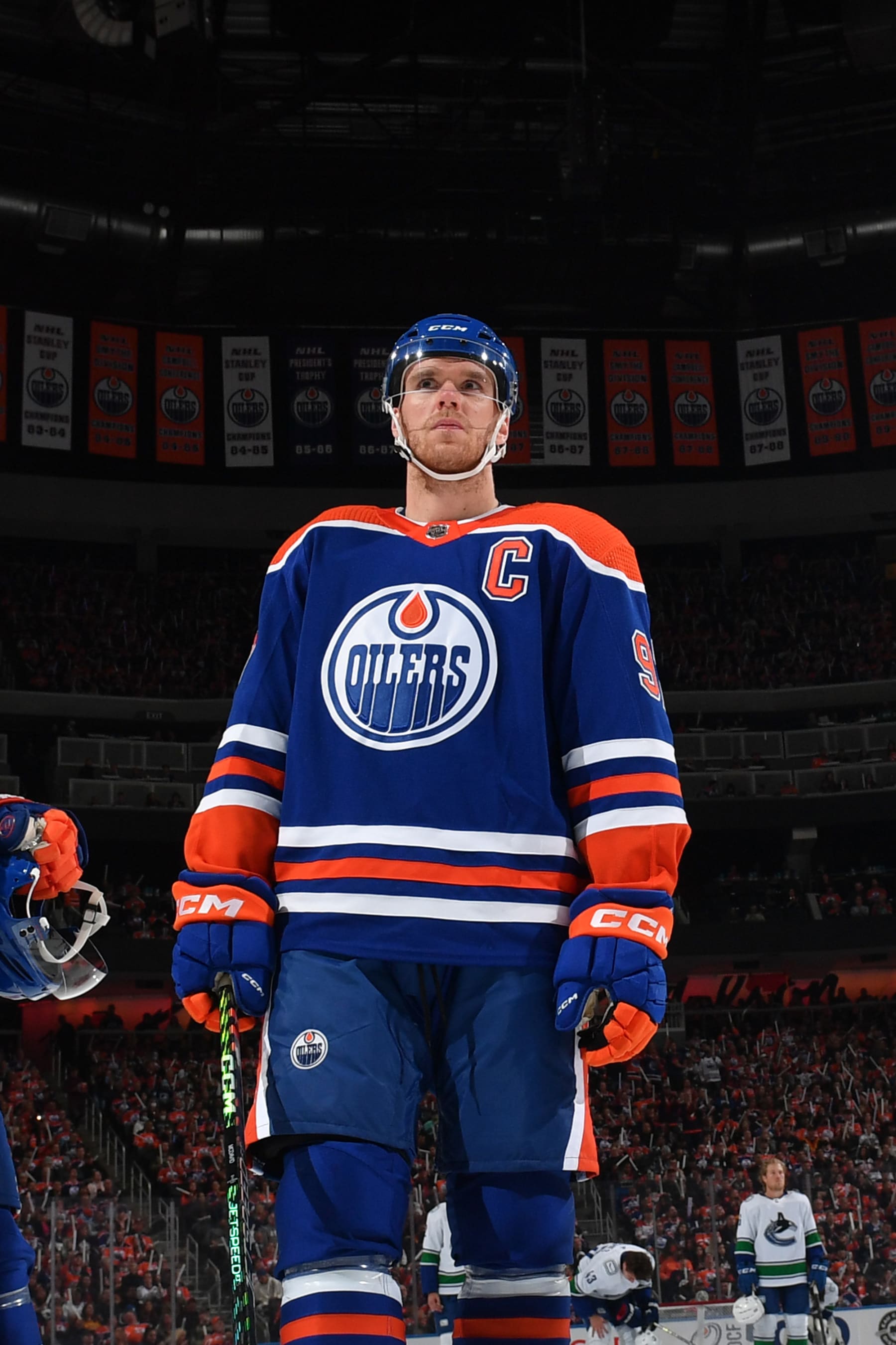 EDMONTON, AB - OCTOBER 12:  Connor McDavid #97 of the Edmonton Oilers stands for the singing of the national anthem prior to the game against the Vancouver Canucks on October 12, 2022 at Rogers Place in Edmonton, Alberta, Canada. (Photo by Andy Devlin/NHLI via Getty Images)