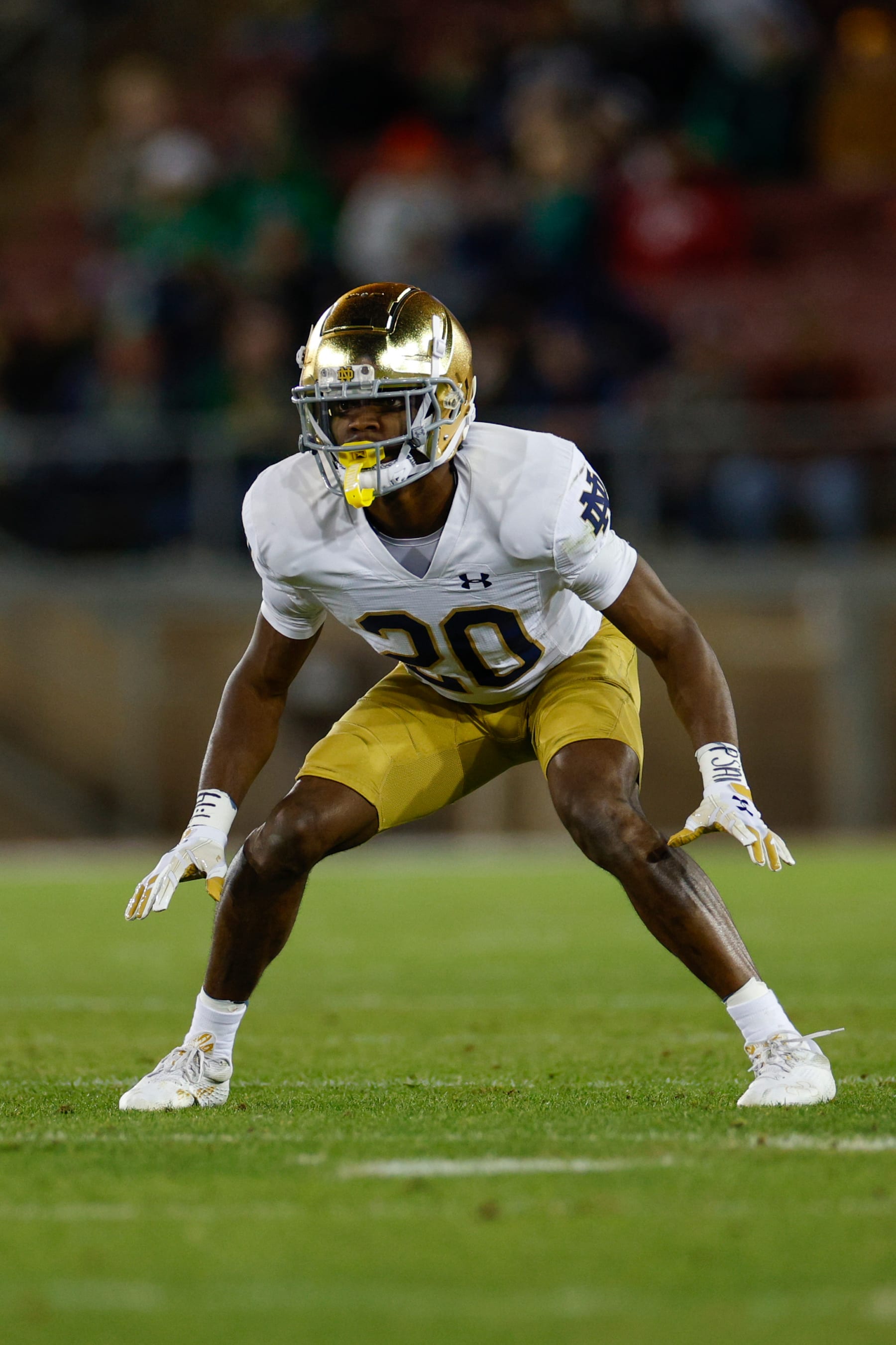 STANFORD, CALIFORNIA - NOVEMBER 25: Benjamin Morrison #20 of the Notre Dame Fighting Irish in a defensive position in the second half during a game against the Stanford Cardinal at Stanford Stadium on November 25, 2023 in Stanford, California. (Photo by Brandon Sloter/Image Of Sport/Getty Images)