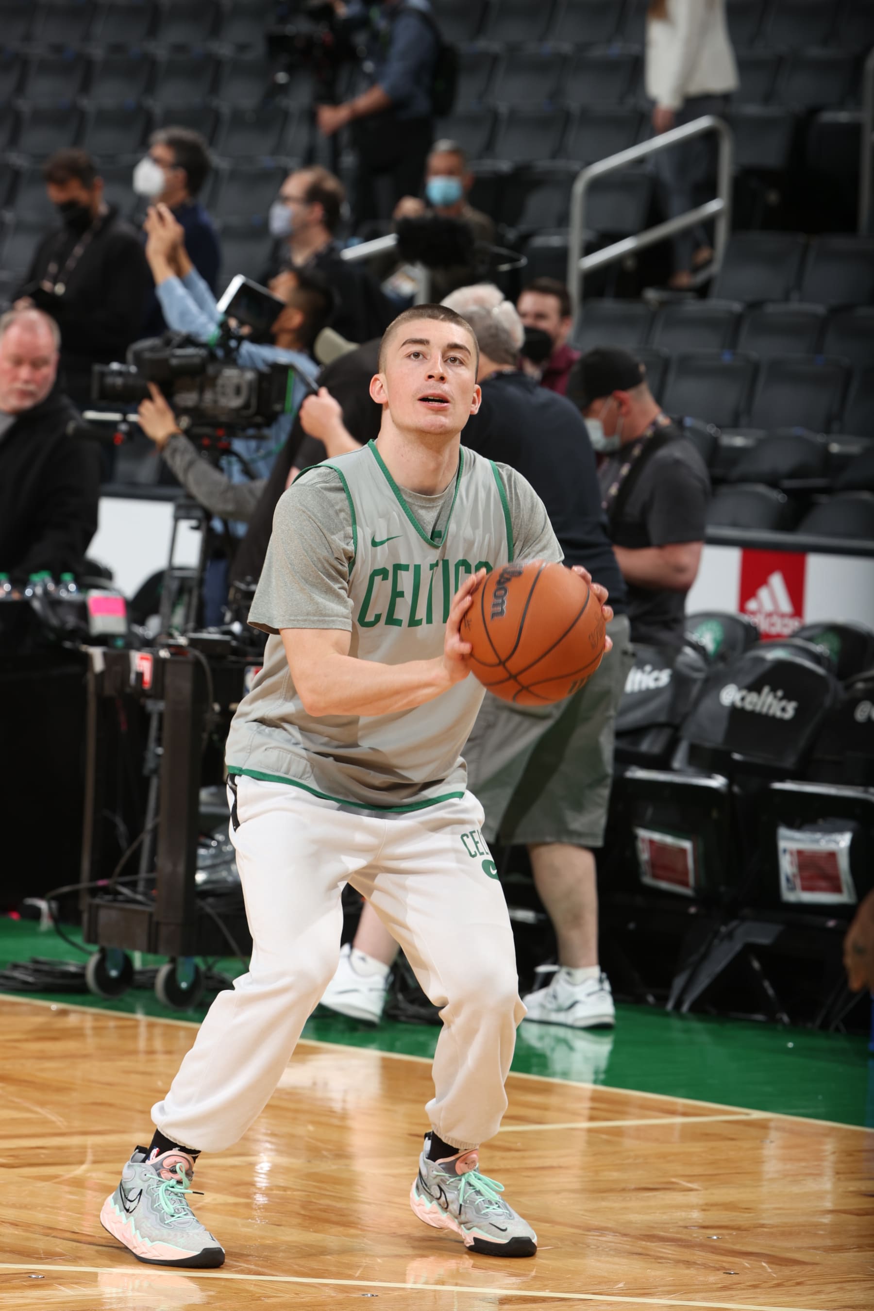 BOSTON, MA - JUNE 15: Payton Pritchard #11 of the Boston Celtics shoots the ball during 2022 NBA Finals Practice and Media Availability on June 15, 2022 at the TD Garden in Boston, Massachusetts. NOTE TO USER: User expressly acknowledges and agrees that, by downloading and or using this photograph, User is consenting to the terms and conditions of the Getty Images License Agreement. Mandatory Copyright Notice: Copyright 2022 NBAE (Photo by Nathaniel S. Butler/NBAE via Getty Images)