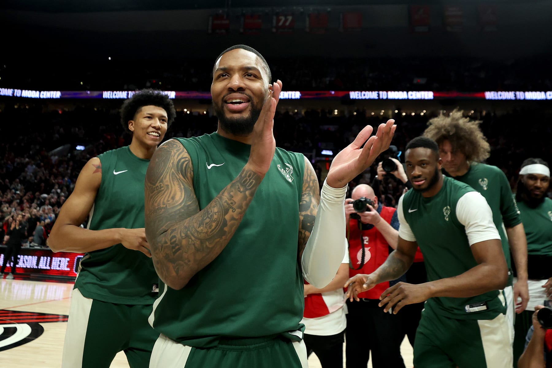 PORTLAND, OREGON - JANUARY 31: Damian Lillard #0 of the Milwaukee Bucks acknowledges the crowd during his return against the Portland Trail Blazers at Moda Center on January 31, 2024 in Portland, Oregon. (Photo by Steph Chambers/Getty Images) PORTLAND, OREGON - JANUARY 31: Damian Lillard #0 of the Milwaukee Bucks acknowledges the crowd during his return against the Portland Trail Blazers at Moda Center on January 31, 2024 in Portland, Oregon. (Photo by Steph Chambers/Getty Images)