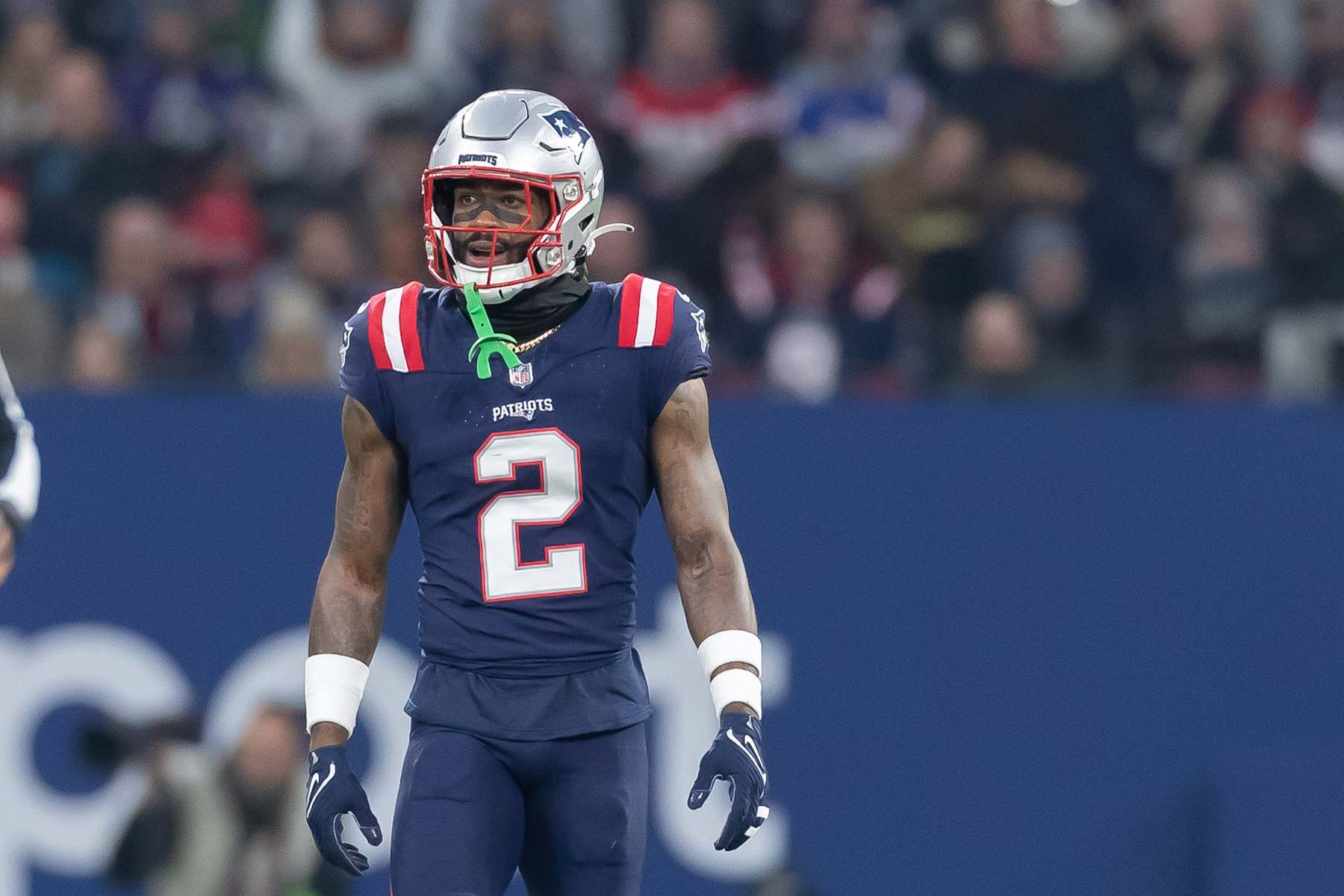 FRANKFURT AM MAIN, GERMANY - NOVEMBER 12: Jalen Mills of New England Patriots looks on during the NFL match between Indianapolis Colts and New England Patriots at Deutsche Bank Park on November 12, 2023 in Frankfurt am Main, Germany. (Photo by Mario Hommes/DeFodi Images via Getty Images)