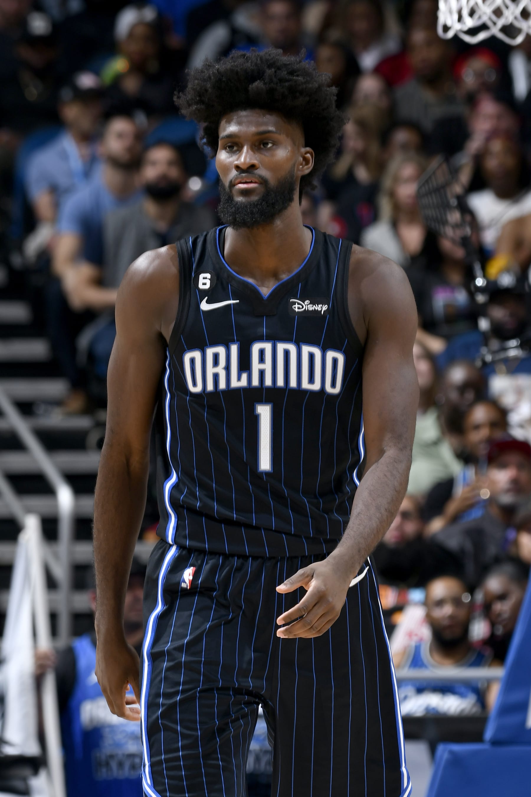 ORLANDO, FL - FEBRUARY 11: Jonathan Isaac #1 of the Orlando Magic looks on during the game against the Miami Heat on February 11, 2023 at Amway Center in Orlando, Florida. NOTE TO USER: User expressly acknowledges and agrees that, by downloading and or using this photograph, User is consenting to the terms and conditions of the Getty Images License Agreement. Mandatory Copyright Notice: Copyright 2023 NBAE (Photo by Fernando Medina/NBAE via Getty Images)