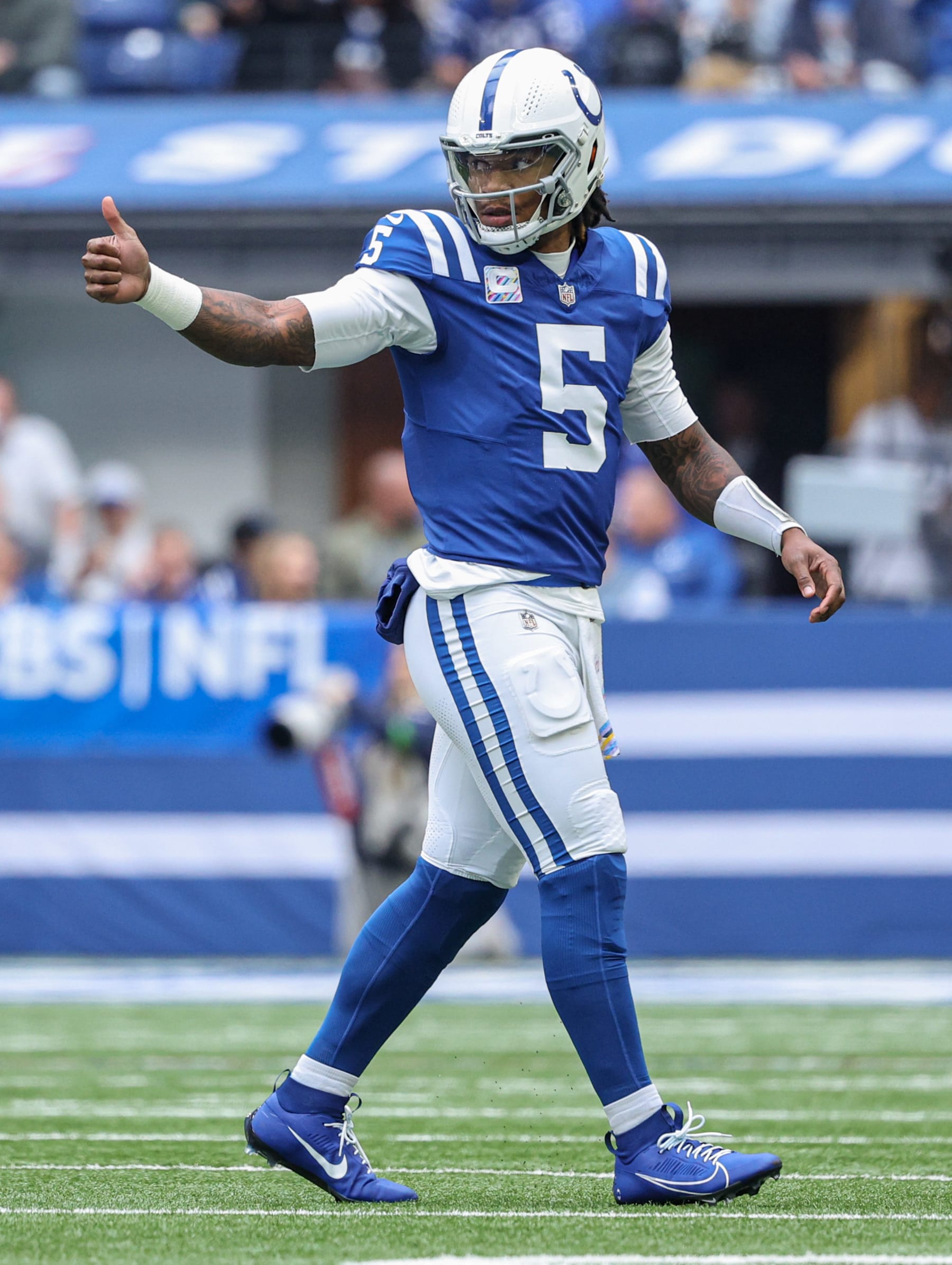 INDIANAPOLIS, INDIANA - OCTOBER 8: Anthony Richardson #5 of the Indianapolis Colts walks off the field during the game against the Tennessee Titans at Lucas Oil Stadium on October 8, 2023 in Indianapolis, Indiana. (Photo by Michael Hickey/Getty Images)