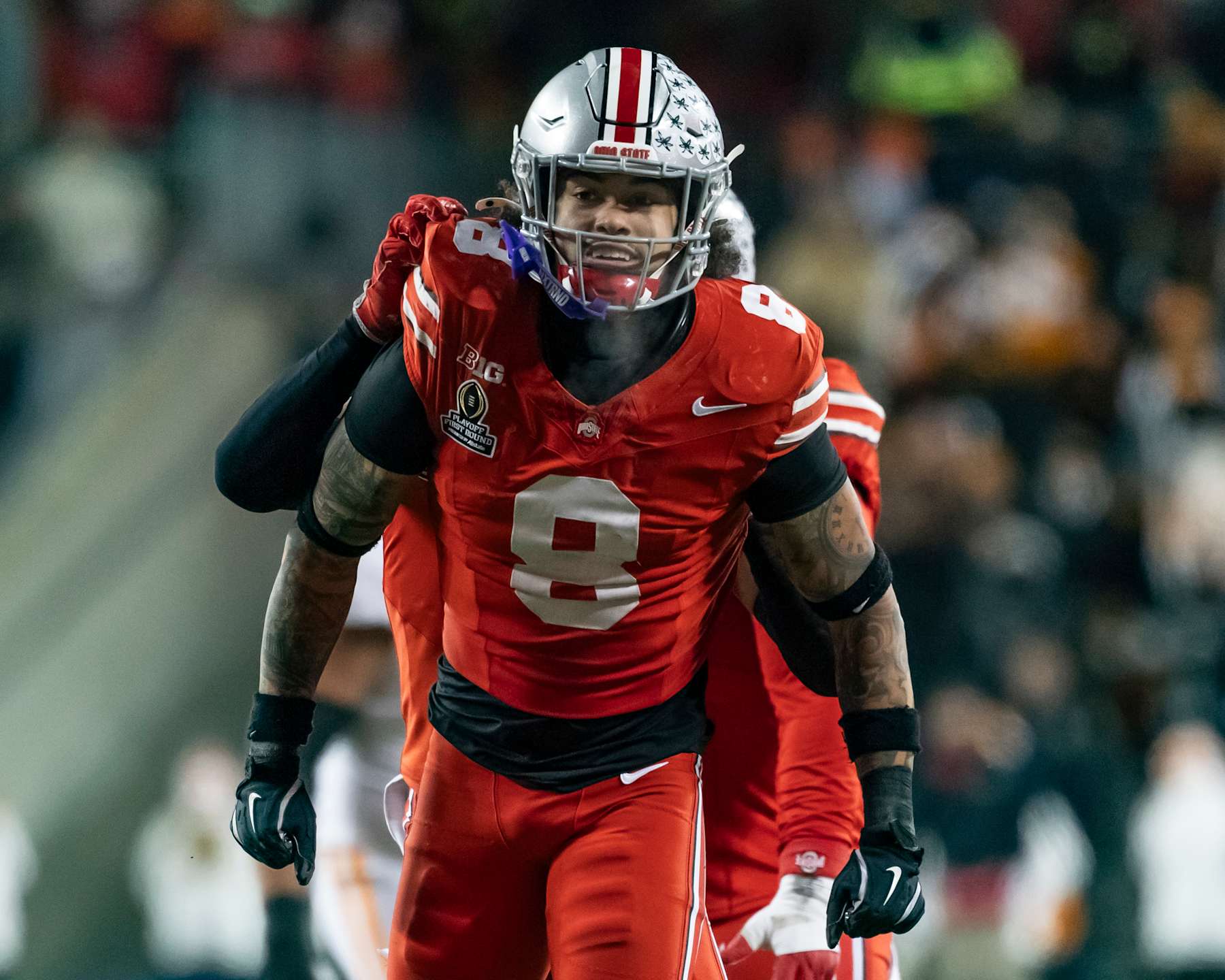 COLUMBUS, OHIO - DECEMBER 21: Lathan Ransom #8 of the Ohio State Buckeyes celebrates a stop during a game between the Tennessee Volunteers and the Ohio State Buckeyes at Ohio Stadium on December 21, 2024 in Columbus, Ohio. (Photo by Steve Limentani/ISI Photos/Getty Images)