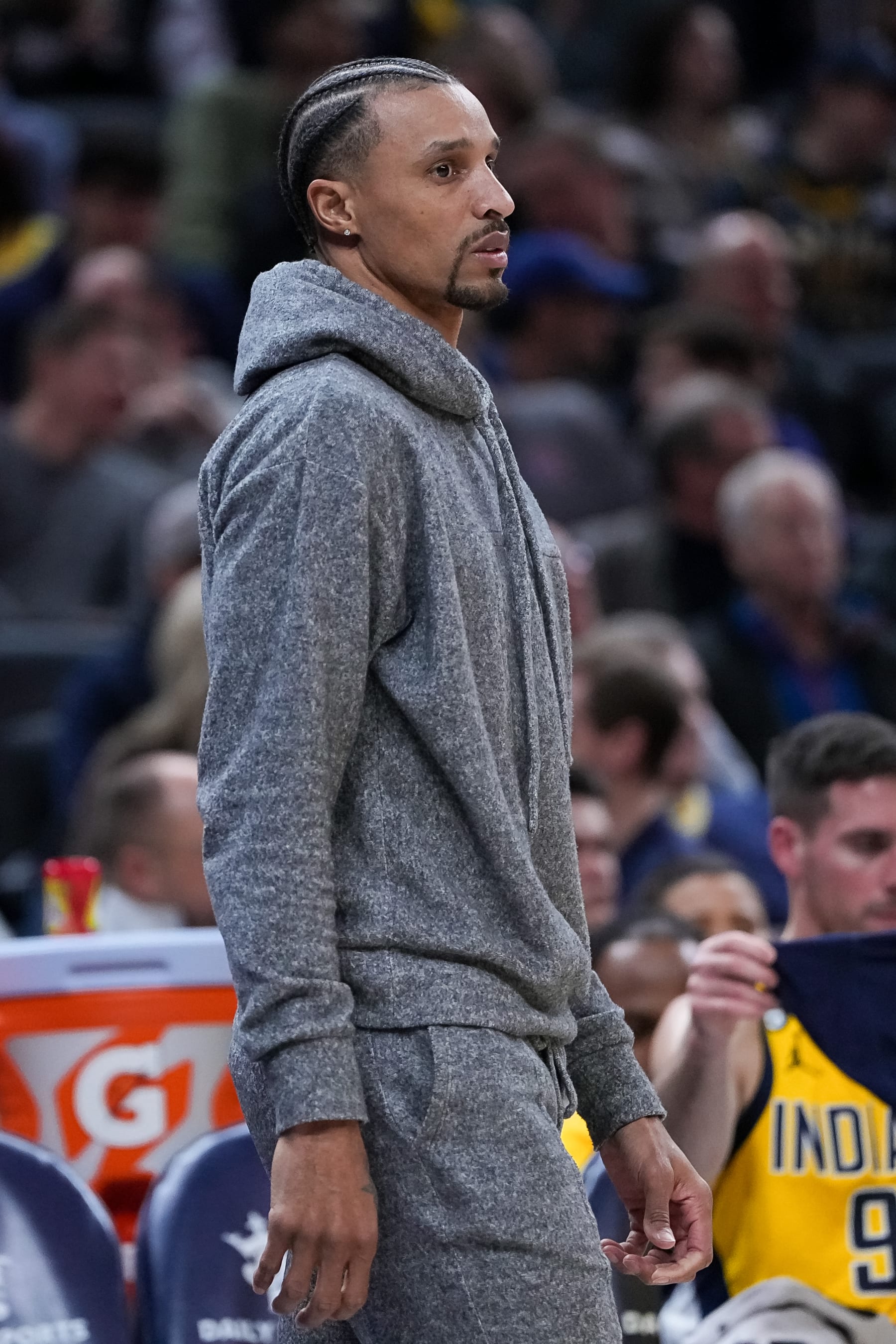 INDIANAPOLIS, INDIANA - FEBRUARY 10: George Hill #7 of the Indiana Pacers looks on in the second quarter against the Phoenix Suns at Gainbridge Fieldhouse on February 10, 2023 in Indianapolis, Indiana. NOTE TO USER: User expressly acknowledges and agrees that, by downloading and or using this photograph, User is consenting to the terms and conditions of the Getty Images License Agreement. (Photo by Dylan Buell/Getty Images)