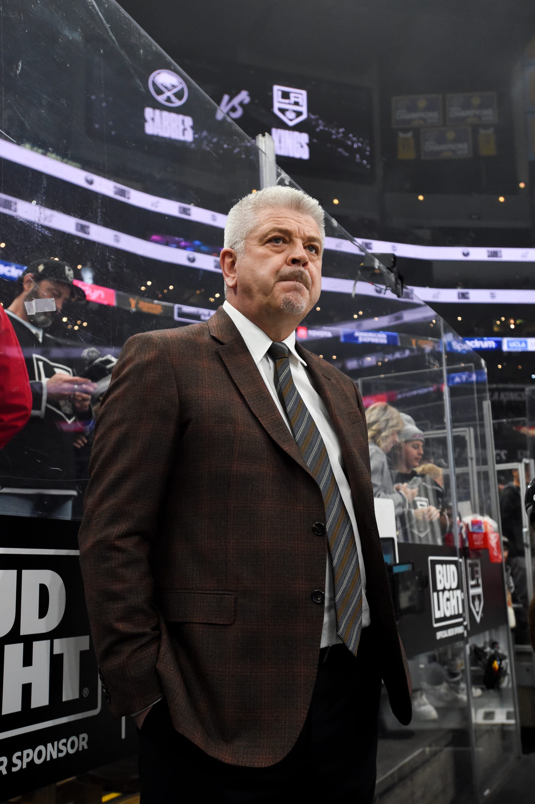 LOS ANGELES, CA - JANUARY 24: Todd McLellan of the Los Angeles Kings looks on during warmups prior to the game against the Buffalo Sabres at Crypto.com Arena on January 24, 2023 in Los Angeles, California. (Photo by Juan Ocampo/NHLI via Getty Images)