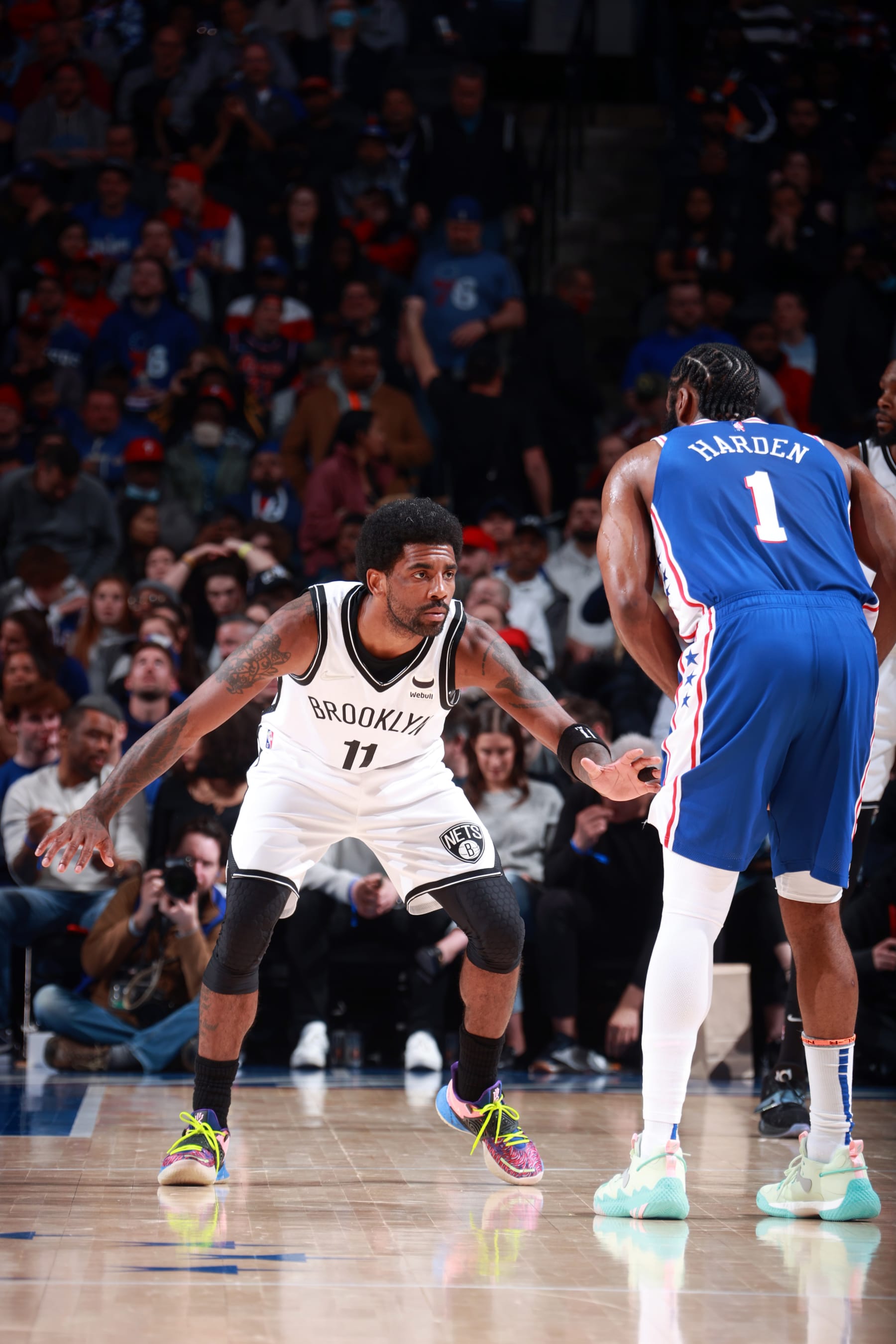 PHILADELPHIA, PA - MARCH 10: Kyrie Irving #11 of the Brooklyn Nets plays defense on James Harden #1 of the Philadelphia 76ers during the game on March 10, 2022 at the Wells Fargo Center in Philadelphia, Pennsylvania NOTE TO USER: User expressly acknowledges and agrees that, by downloading and/or using this Photograph, user is consenting to the terms and conditions of the Getty Images License Agreement. Mandatory Copyright Notice: Copyright 2022 NBAE (Photo by Nathaniel S. Butler/NBAE via Getty Images)