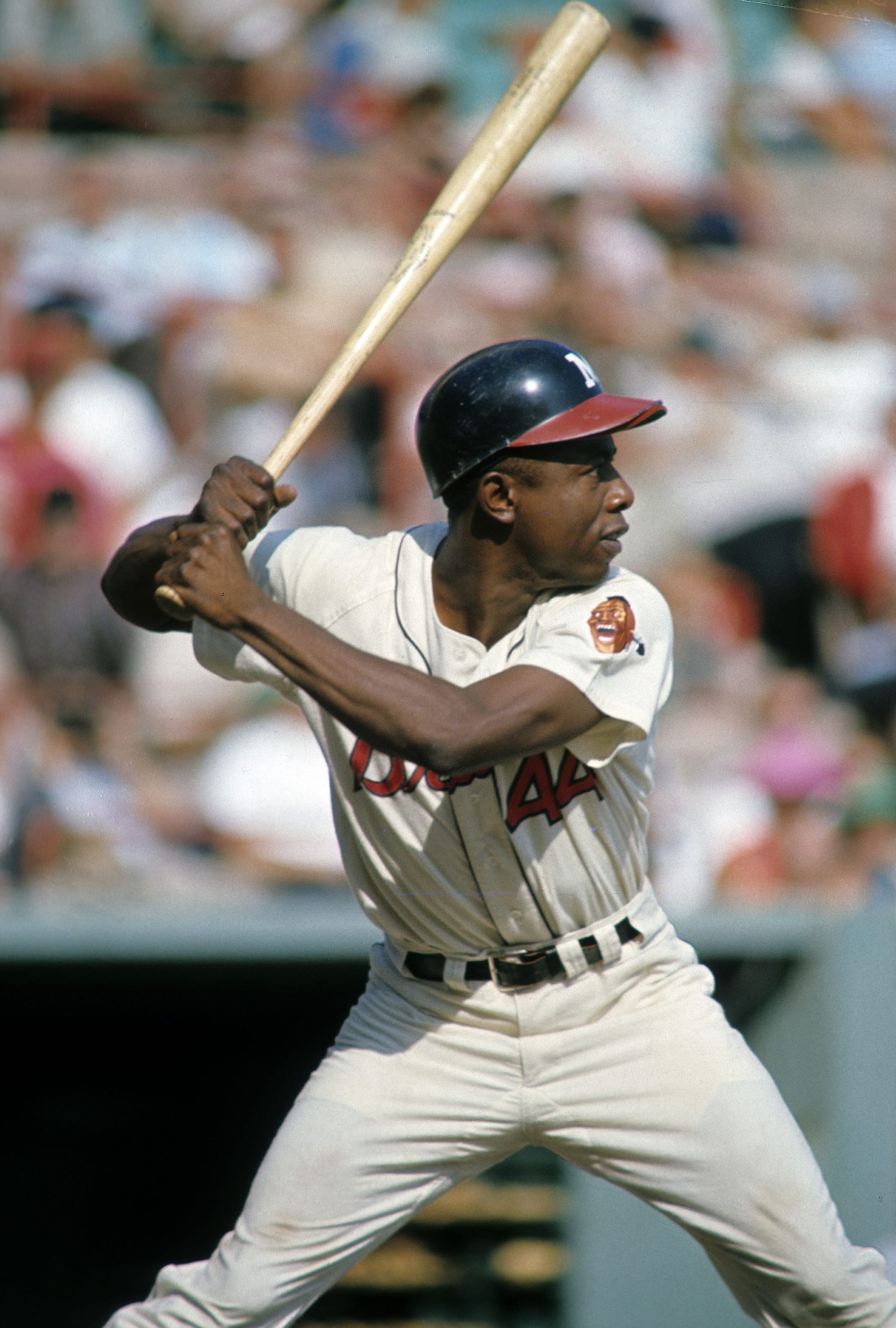 ATLANTA, GA - CIRCA 1960's: Outfielder Hank Aaron #44 of the Atlanta Braves stands at the plate ready to hit during a  circa mid 1960's  Major League Baseball game at Atlanta Futon County Stadium in Atlanta, Georgia. Aaron played for the Braves from 1954-74. (Photo by Focus on Sport/Getty Images)