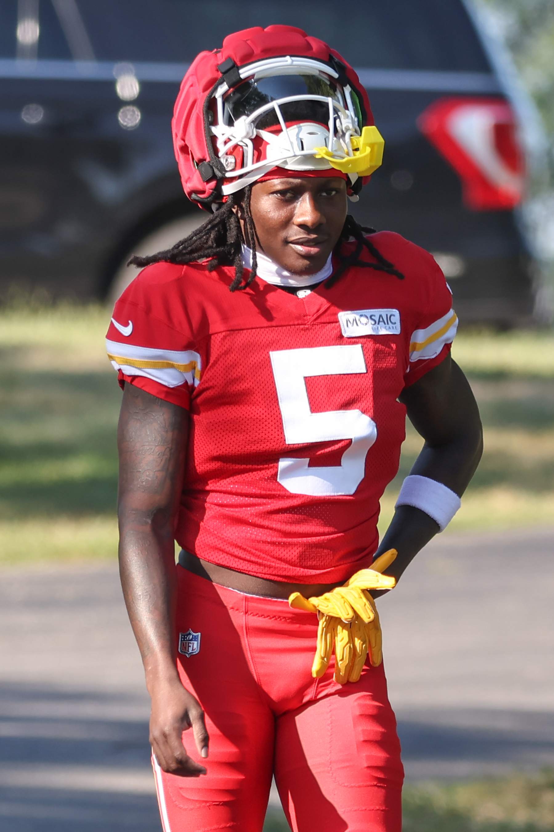 ST. JOSEPH, MO - AUGUST 02: Kansas City Chiefs wide receiver Marquise Brown (5) during training camp on August 2, 2024 at Missouri Western State University in St. Joseph, MO. (Photo by Scott Winters/Icon Sportswire via Getty Images)