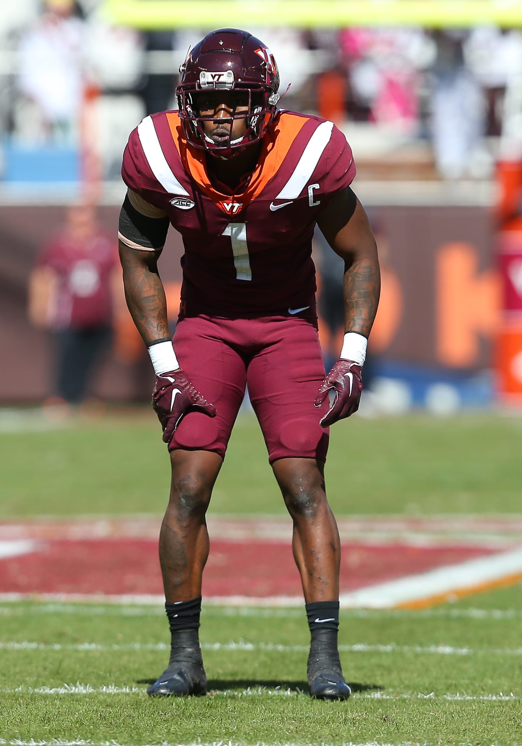 BLACKSBURG, VA - OCTOBER 15: Virginia Tech Hokies defensive back Chamarri Conner (1) peeks into the backfield during a college football game between the Miami Hurricanes and the Virginia Tech Hokies on October 15, 2022, at Lane Stadium in Blacksburg, VA. (Photo by Lee Coleman/Icon Sportswire via Getty Images)
