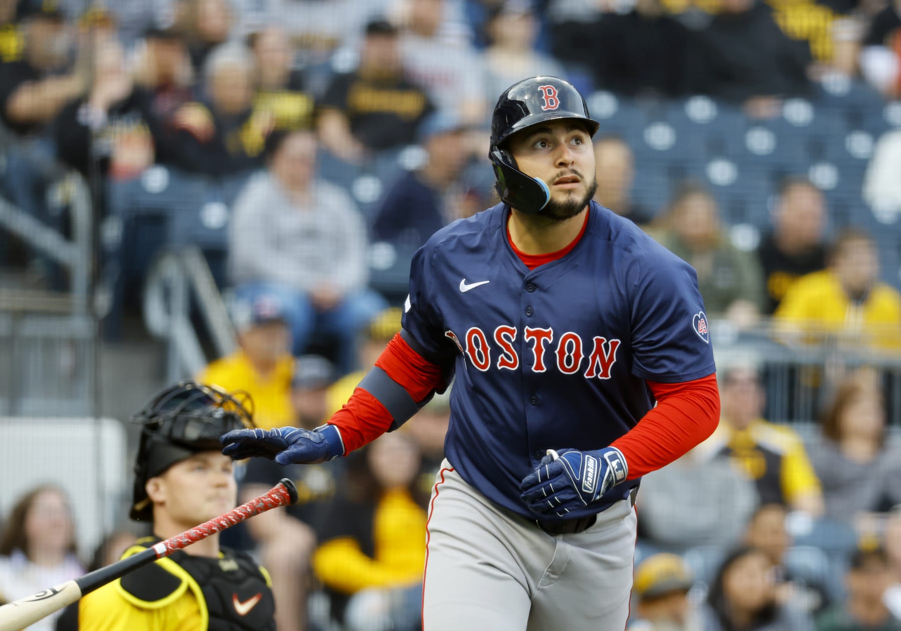 PITTSBURGH, PA - APRIL 19:  Wilyer Abreu #52 of the Boston Red Sox hits a solo home run in the first inning against the Pittsburgh Pirates during inter-league play at PNC Park on April 19, 2024 in Pittsburgh, Pennsylvania.  (Photo by Justin K. Aller/Getty Images)