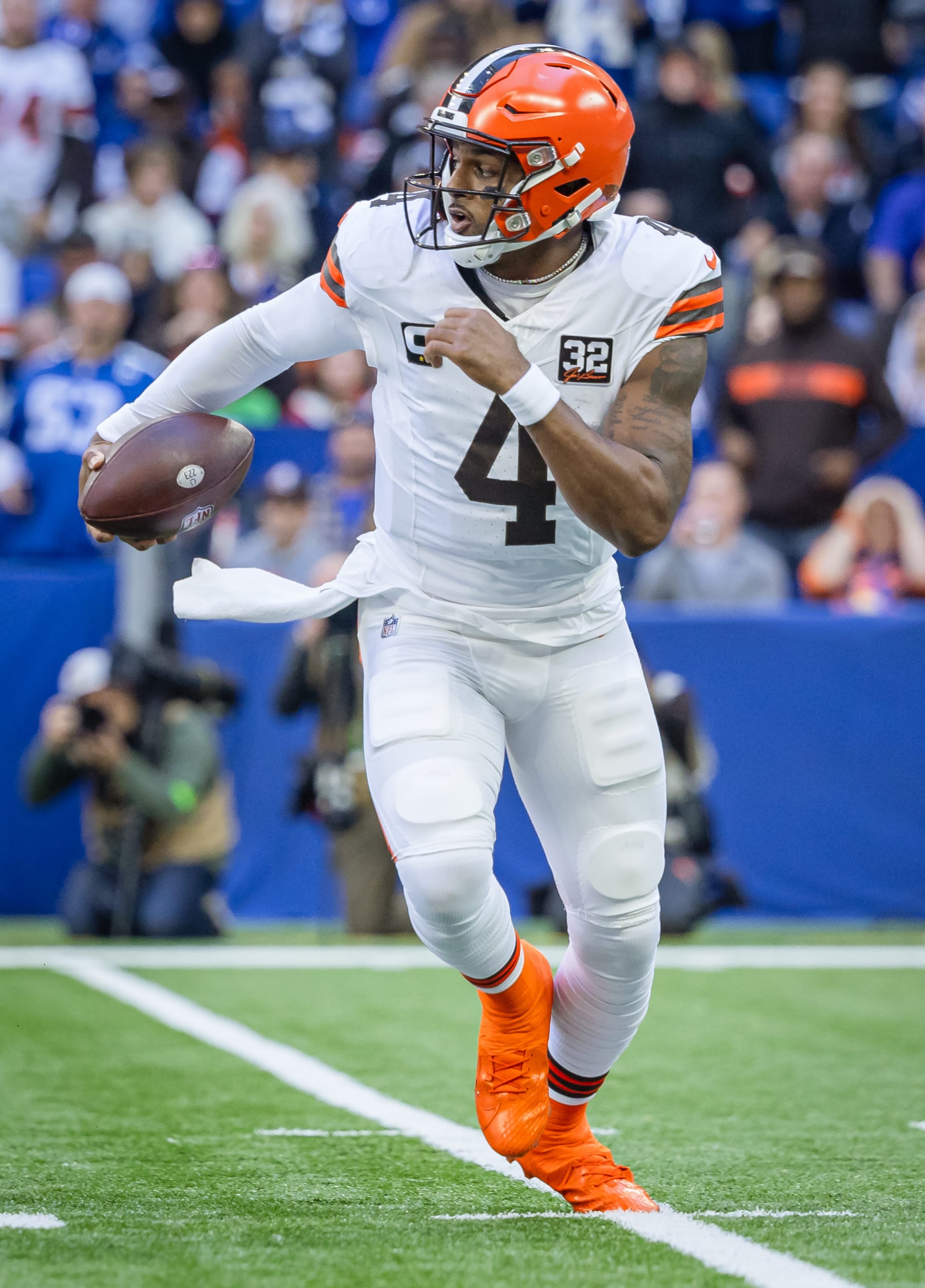 INDIANAPOLIS, INDIANA - OCTOBER 22: Deshaun Watson #4 of the Cleveland Browns rolls out of the pocket during the game against the Indianapolis Colts at Lucas Oil Stadium on October 22, 2023 in Indianapolis, Indiana. (Photo by Michael Hickey/Getty Images) INDIANAPOLIS, INDIANA - OCTOBER 22: Deshaun Watson #4 of the Cleveland Browns rolls out of the pocket during the game against the Indianapolis Colts at Lucas Oil Stadium on October 22, 2023 in Indianapolis, Indiana. (Photo by Michael Hickey/Getty Images)