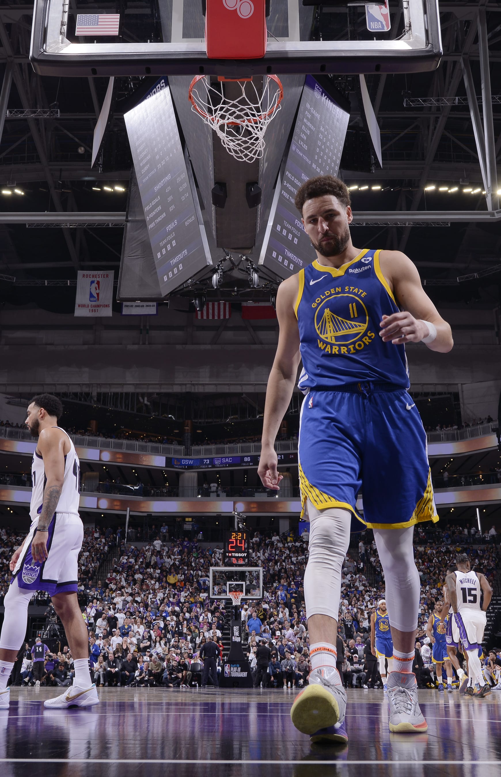 SACRAMENTO, CA - APRIL 16: Klay Thompson #11 of the Golden State Warriors looks on during the game against the Sacramento Kings during the 2024 Play-In Tournament on April 16, 2024 at Golden 1 Center in Sacramento, California. NOTE TO USER: User expressly acknowledges and agrees that, by downloading and or using this photograph, User is consenting to the terms and conditions of the Getty Images Agreement. Mandatory Copyright Notice: Copyright 2024 NBAE (Photo by Rocky Widner/NBAE via Getty Images)