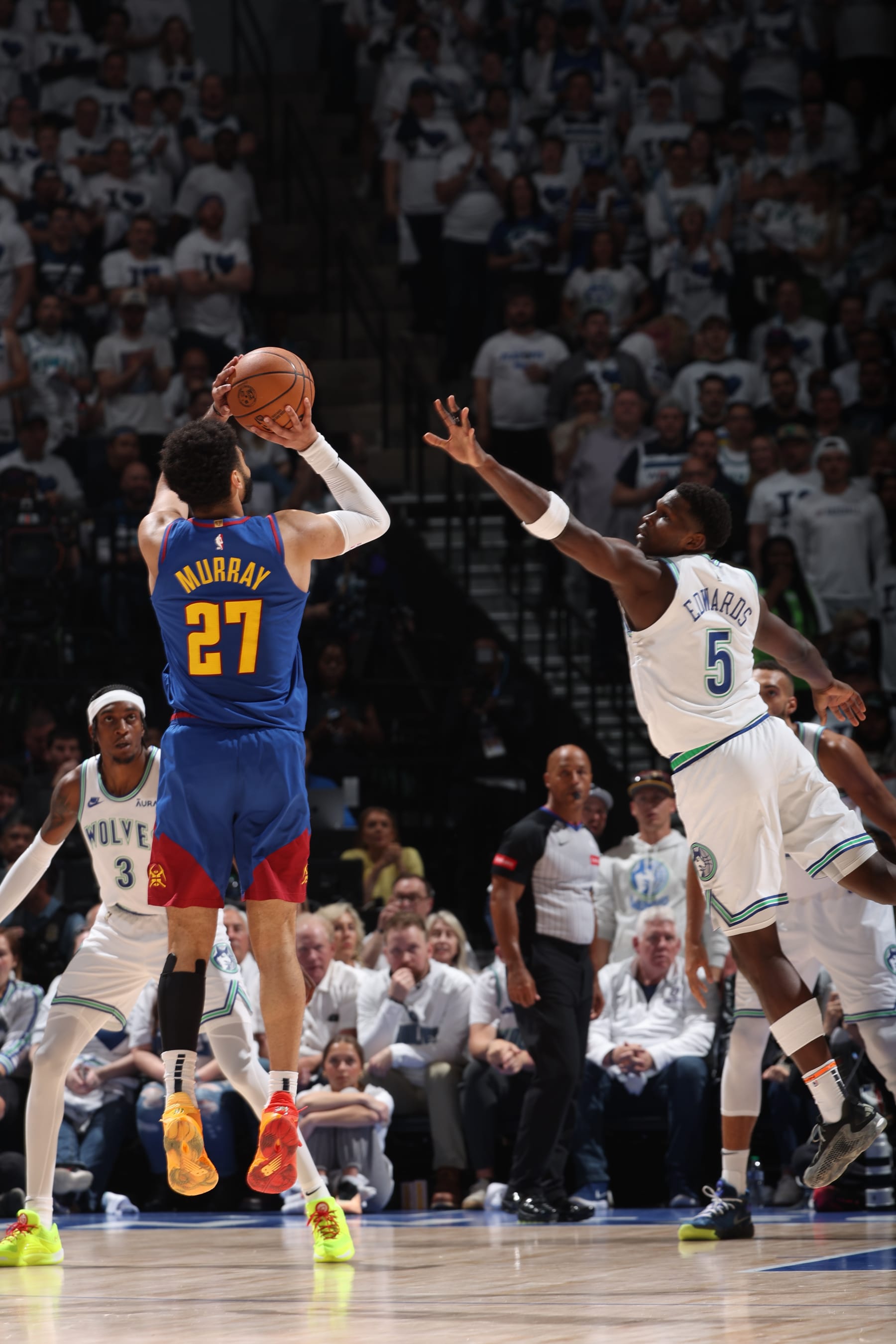 MINNEAPOLIS, MN - MAY 16: Jamal Murray #27 of the Denver Nuggets shoots the ball during the game against the Minnesota Timberwolves during Round 2 Game 6 of the 2024 NBA Playoffs on May 16, 2024 at Target Center in Minneapolis, Minnesota. NOTE TO USER: User expressly acknowledges and agrees that, by downloading and or using this Photograph, user is consenting to the terms and conditions of the Getty Images License Agreement. Mandatory Copyright Notice: Copyright 2024 NBAE (Photo by David Sherman/NBAE via Getty Images)