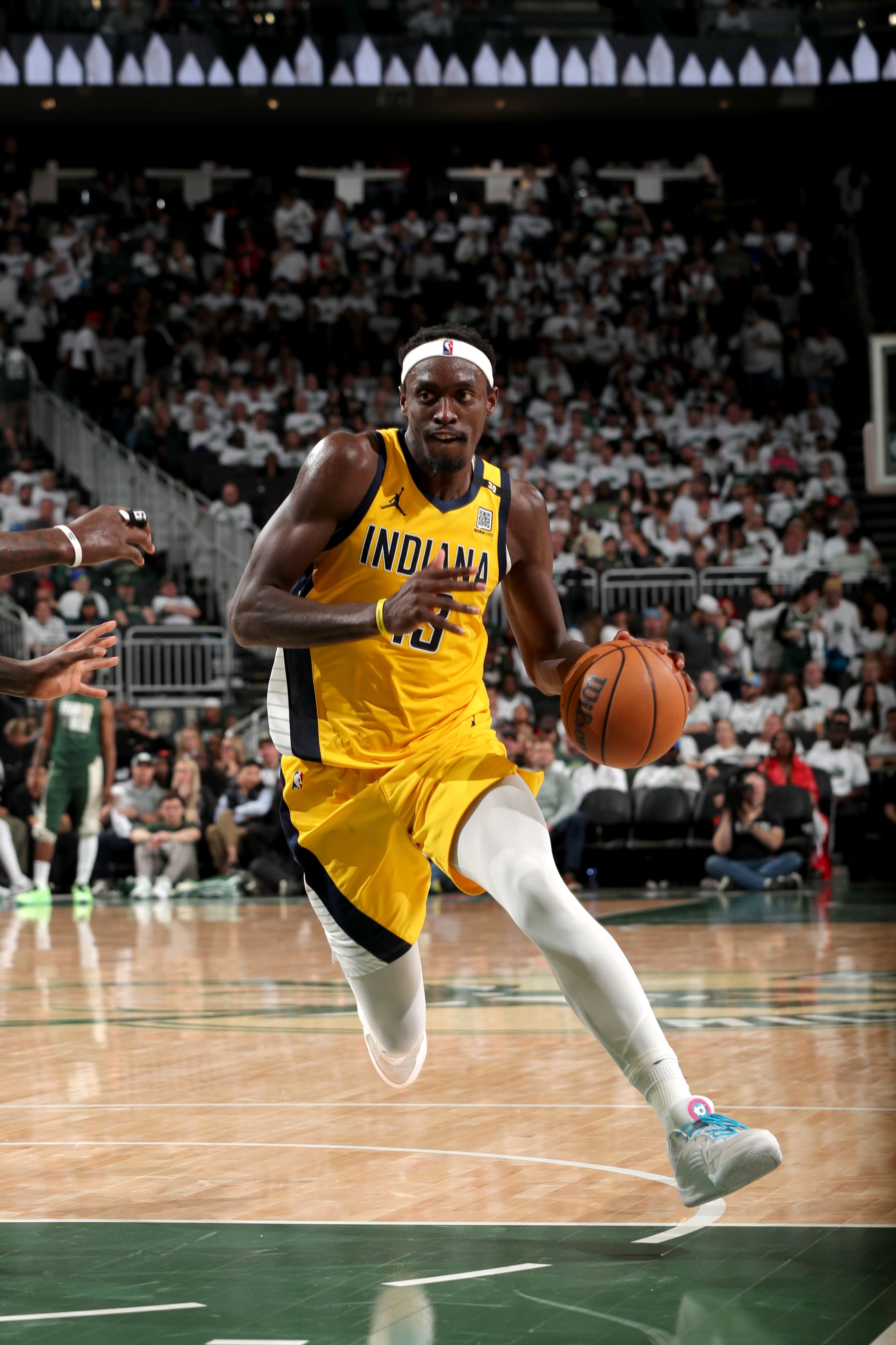 MILWAUKEE, WI - APRIL 23: Pascal Siakam #43 of the Indiana Pacers drives to the basket during the game against the Milwaukee Bucks during Round One Game Two of the 2024 NBA Playoffs on April 23, 2024 at the Fiserv Forum Center in Milwaukee, Wisconsin. NOTE TO USER: User expressly acknowledges and agrees that, by downloading and or using this Photograph, user is consenting to the terms and conditions of the Getty Images License Agreement. Mandatory Copyright Notice: Copyright 2024 NBAE (Photo by Gary Dineen/NBAE via Getty Images).