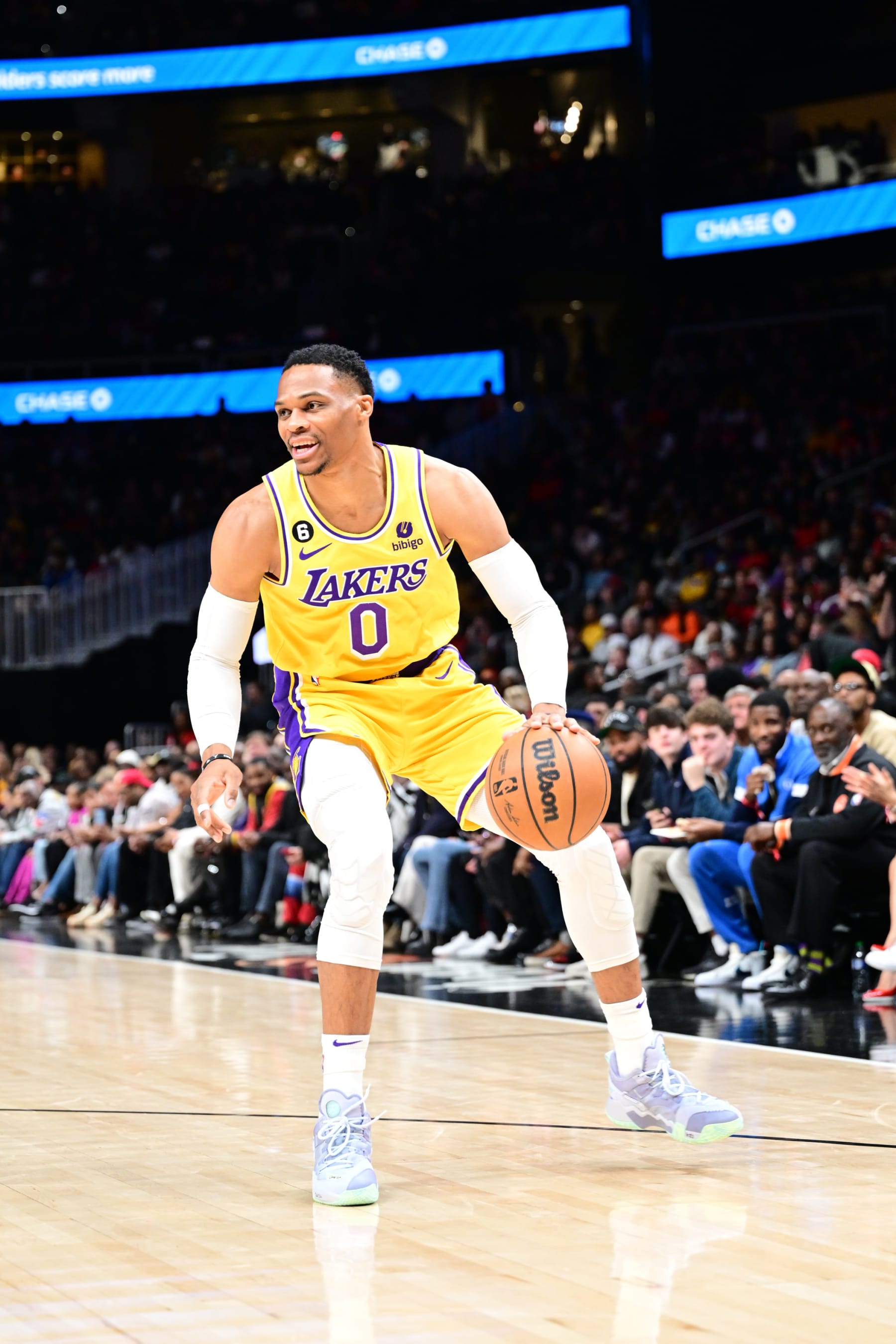 ATLANTA, GA - DECEMBER 30: Russell Westbrook #0 of the Los Angeles Lakers dribbles the ball during the game against the Atlanta Hawks on December 1, 2022 at State Farm Arena in Atlanta, Georgia.  NOTE TO USER: User expressly acknowledges and agrees that, by downloading and/or using this Photograph, user is consenting to the terms and conditions of the Getty Images License Agreement. Mandatory Copyright Notice: Copyright 2022 NBAE (Photo by Adam Hagy/NBAE via Getty Images)