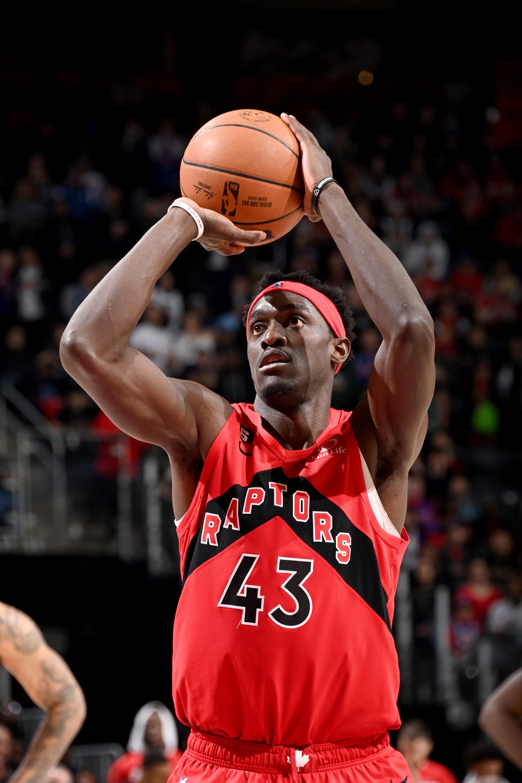 DETROIT, MI - FEBRUARY 25: Pascal Siakam #43 of the Toronto Raptors shoots a free throw against the Detroit Pistons on February 25, 2023 at Little Caesars Arena in Detroit, Michigan. NOTE TO USER: User expressly acknowledges and agrees that, by downloading and/or using this photograph, User is consenting to the terms and conditions of the Getty Images License Agreement. Mandatory Copyright Notice: Copyright 2023 NBAE (Photo by Chris Schwegler/NBAE via Getty Images)