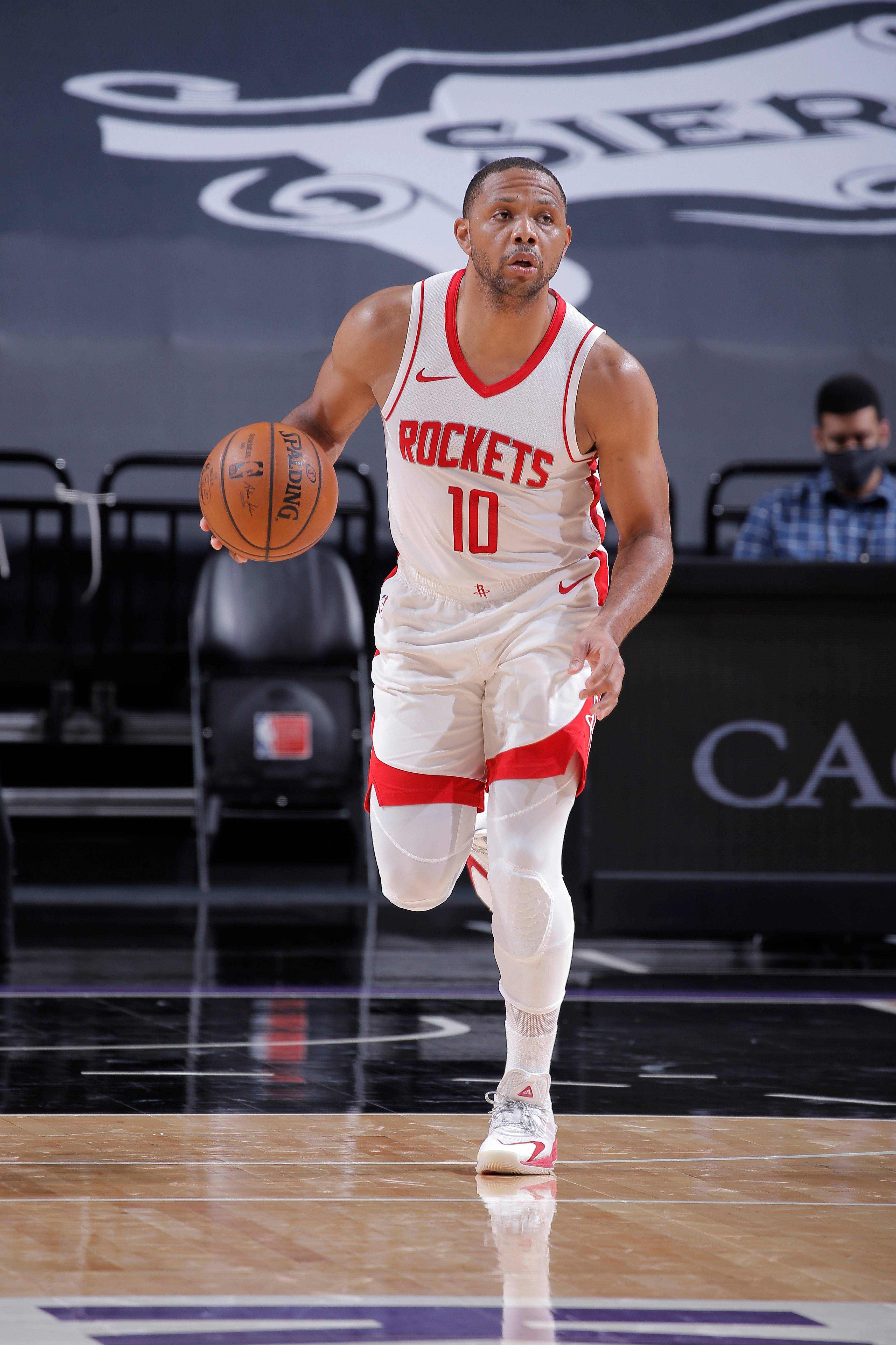 SACRAMENTO, CA - MARCH 11: Eric Gordon #10 of the Houston Rockets brings the ball up the court against the Sacramento Kings on March 11, 2021 at Golden 1 Center in Sacramento, California. NOTE TO USER: User expressly acknowledges and agrees that, by downloading and or using this photograph, User is consenting to the terms and conditions of the Getty Images Agreement. Mandatory Copyright Notice: Copyright 2021 NBAE (Photo by Rocky Widner/NBAE via Getty Images)