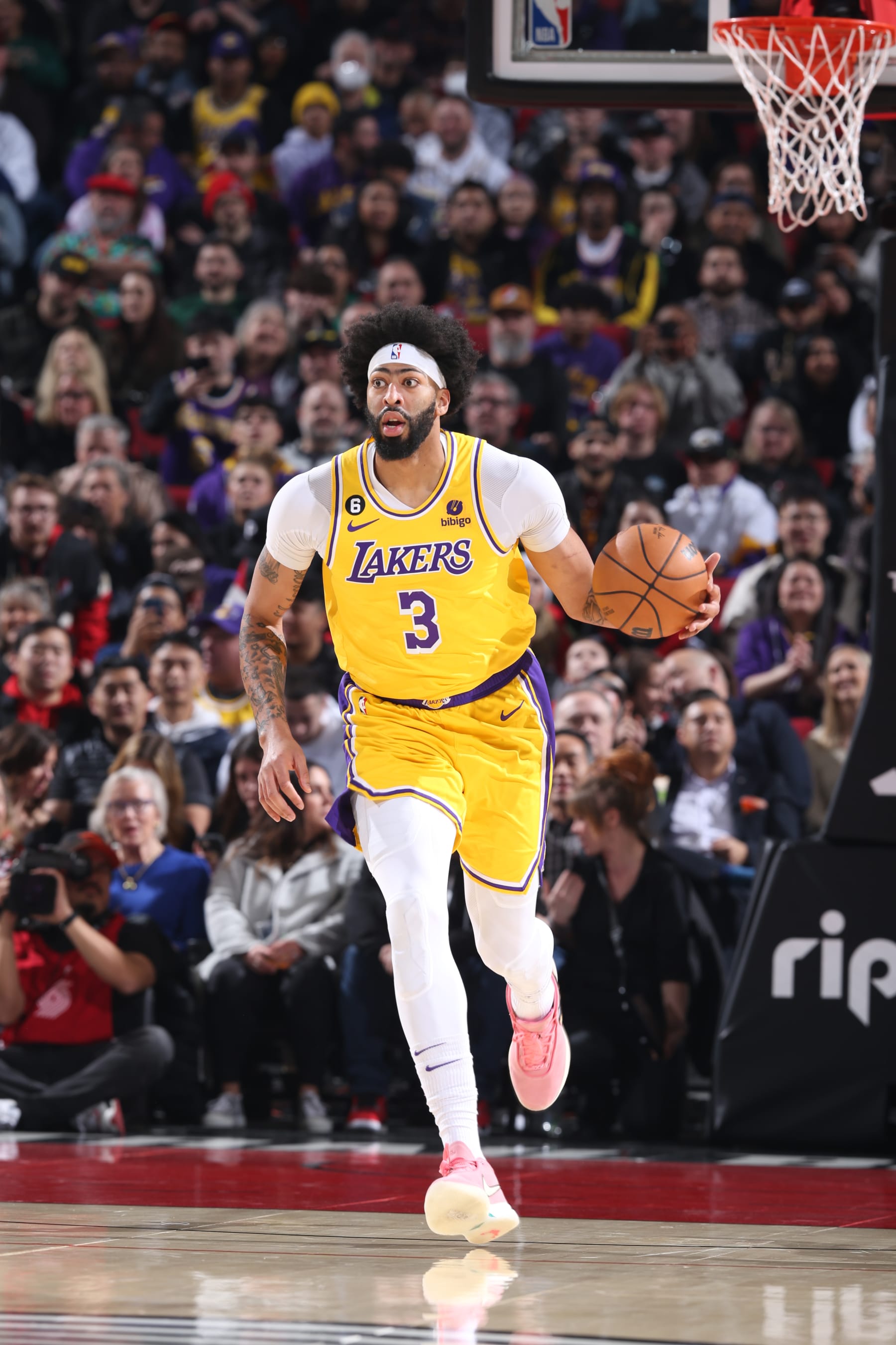 PORTLAND, OR - FEBRUARY 13: Anthony Davis #3 of the Los Angeles Lakers drives to the basket during the game against the Portland Trail Blazers on February 13, 2023 at the Moda Center Arena in Portland, Oregon. NOTE TO USER: User expressly acknowledges and agrees that, by downloading and or using this photograph, user is consenting to the terms and conditions of the Getty Images License Agreement. Mandatory Copyright Notice: Copyright 2023 NBAE (Photo by Sam Forencich/NBAE via Getty Images)