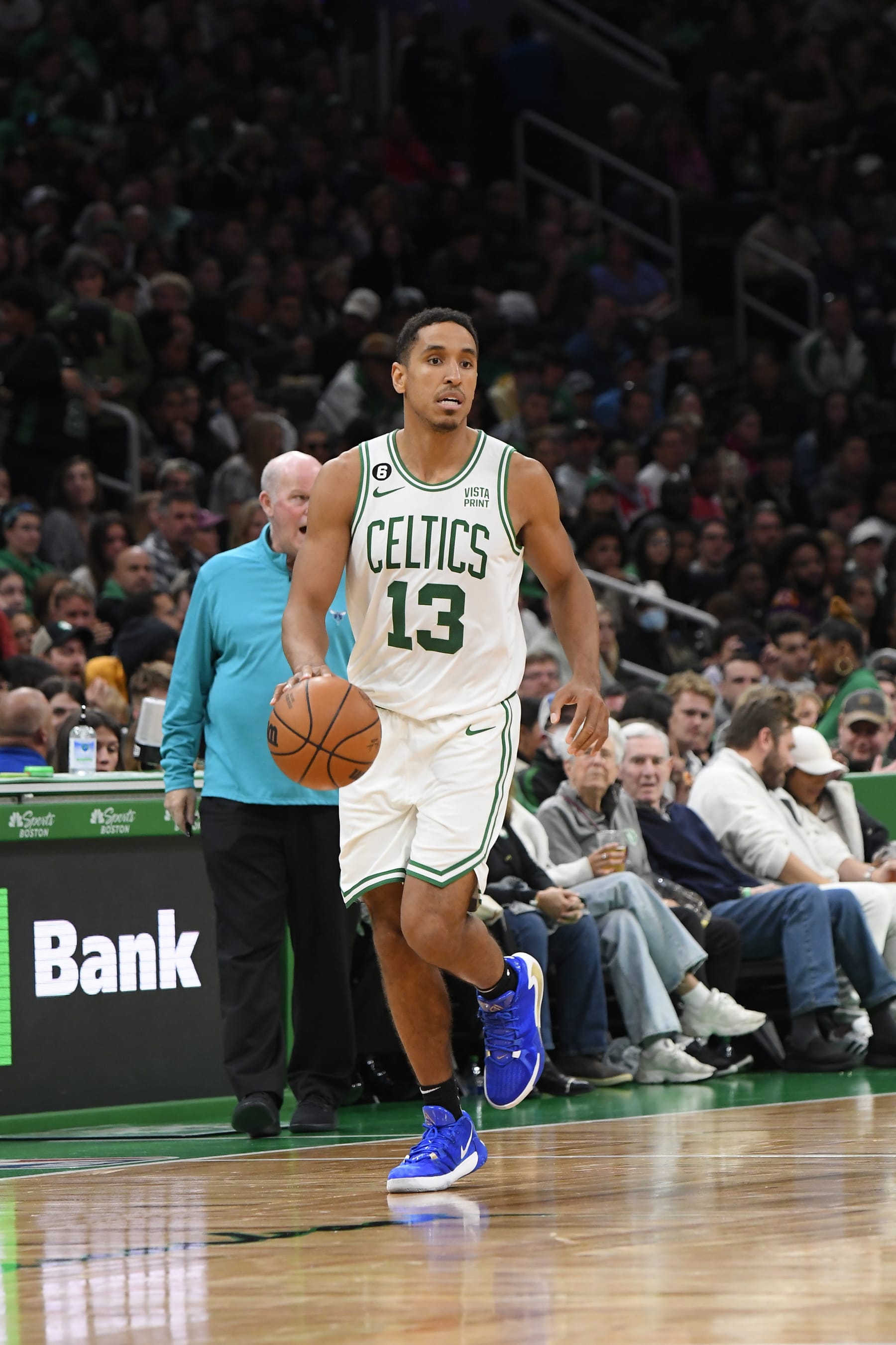 BOSTON, MA - OCTOBER 2: Malcolm Brogdon #13 of the Boston Celtics drives to the basket during the game against the Charlotte Hornets on October 2, 2022 at the TD Garden in Boston, Massachusetts.  NOTE TO USER: User expressly acknowledges and agrees that, by downloading and or using this photograph, User is consenting to the terms and conditions of the Getty Images License Agreement. Mandatory Copyright Notice: Copyright 2022 NBAE  (Photo by Brian Babineau/NBAE via Getty Images)