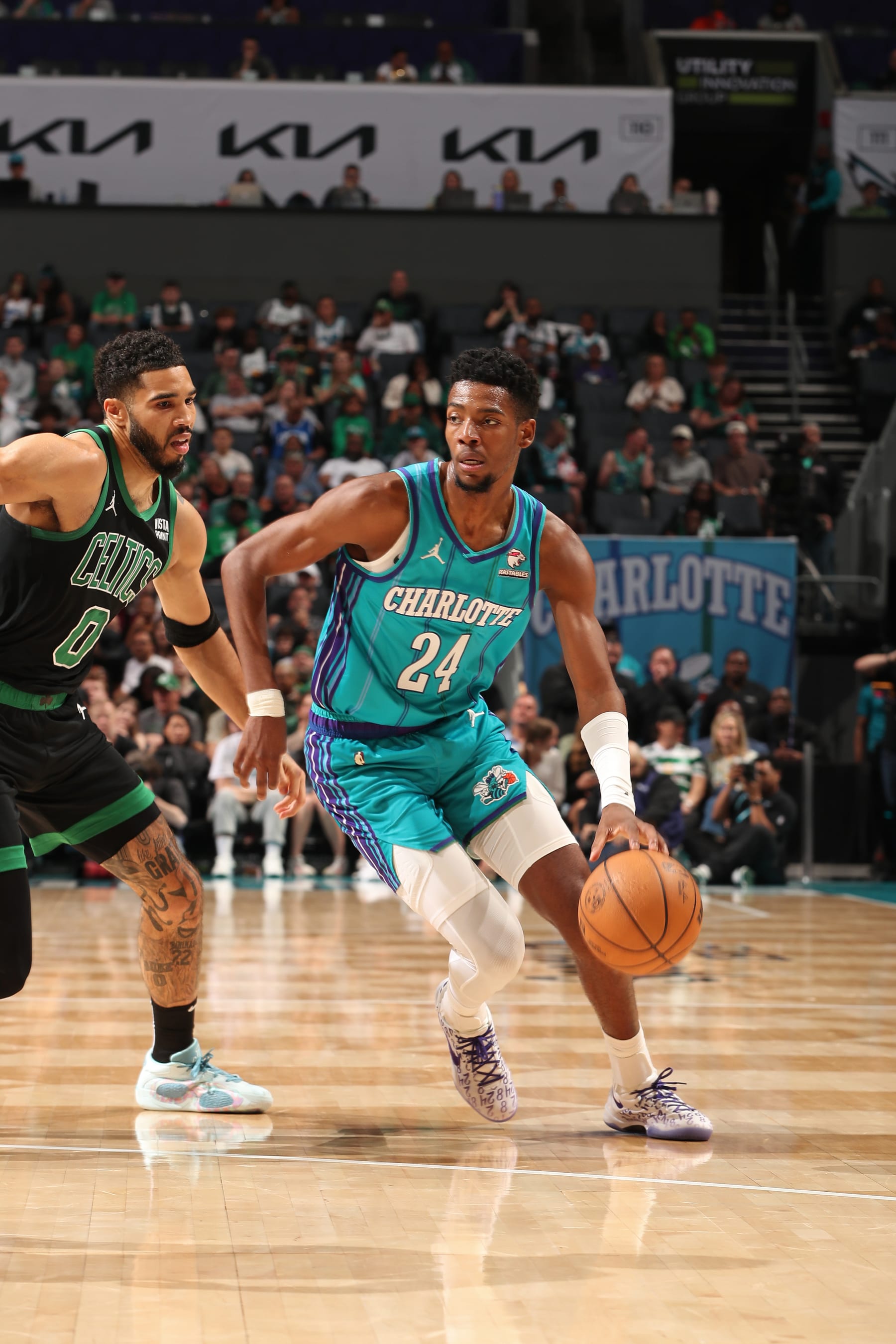 CHARLOTTE, NC - APRIL 1: Brandon Miller #24 of the Charlotte Hornets handles the ball during the game against the Boston Celtics on April 1, 2024 at Spectrum Center in Charlotte, North Carolina. NOTE TO USER: User expressly acknowledges and agrees that, by downloading and or using this photograph, User is consenting to the terms and conditions of the Getty Images License Agreement. Mandatory Copyright Notice: Copyright 2024 NBAE (Photo by Kent Smith/NBAE via Getty Images)
