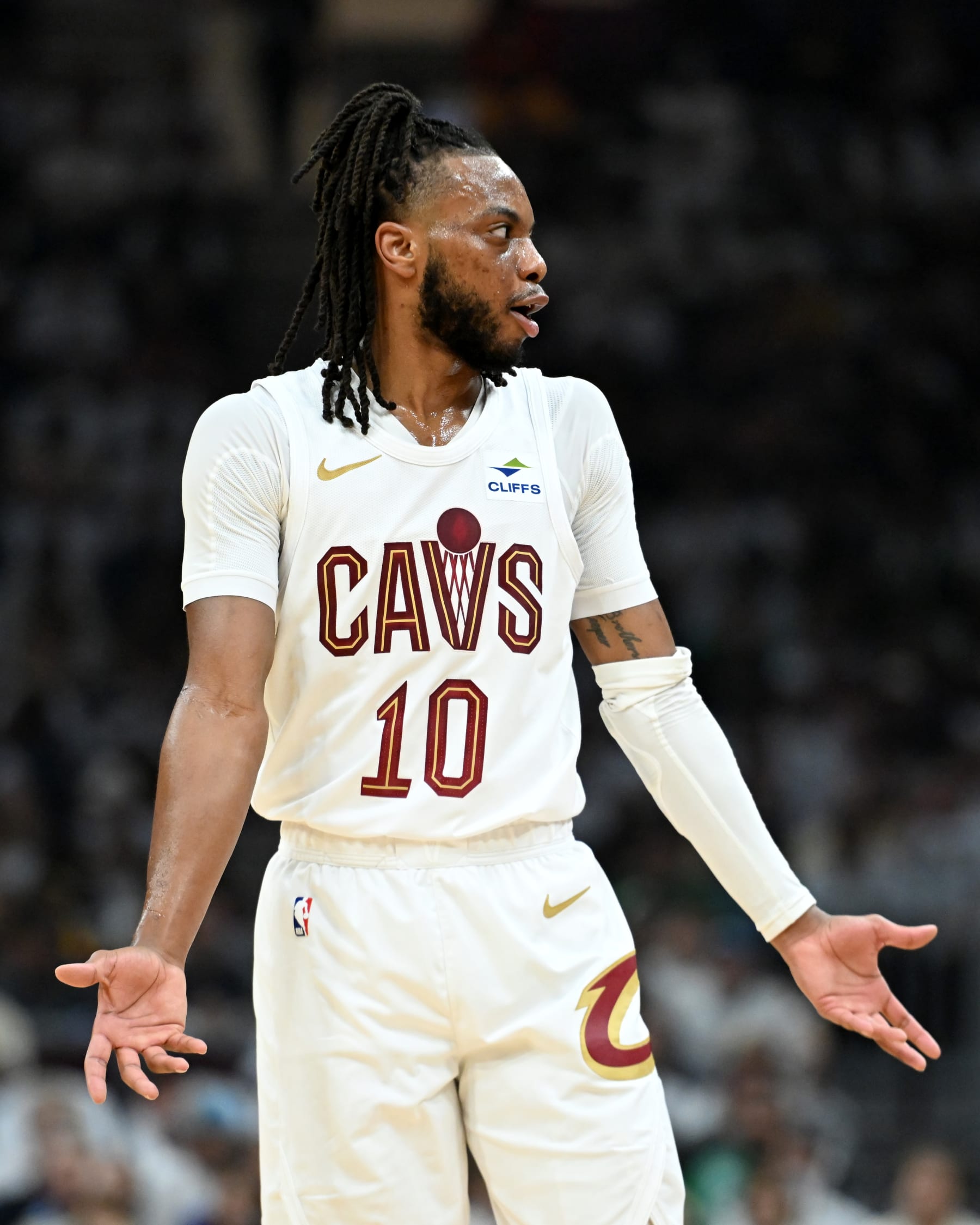 CLEVELAND, OHIO - MAY 13: Darius Garland #10 reacts during the first quarter in Game Four of the Eastern Conference Second Round Playoffs at Rocket Mortgage Fieldhouse on May 13, 2024 in Cleveland, Ohio. NOTE TO USER: User expressly acknowledges and agrees that, by downloading and or using this photograph, User is consenting to the terms and conditions of the Getty Images License Agreement. (Photo by Nick Cammett/Getty Images)