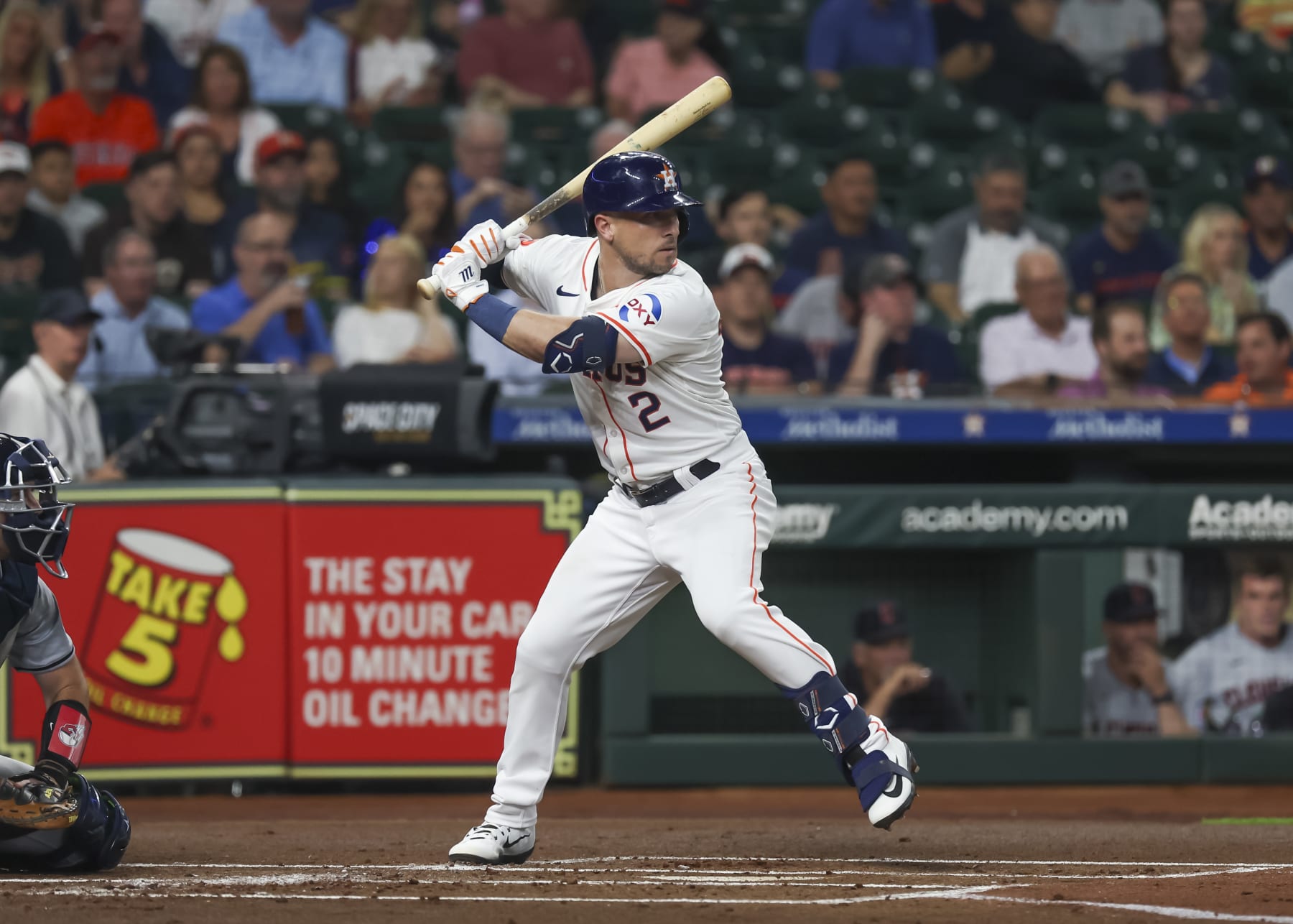 HOUSTON, TX - MAY 01:  Houston Astros third baseman Alex Bregman (2) watches the pitch in the bottom of the first inning during the MLB game between the Cleveland Guardians and Houston Astros at Minute Maid Park on May 1, 2024 in Houston, Texas.  (Photo by Leslie Plaza Johnson/Icon Sportswire via Getty Images)