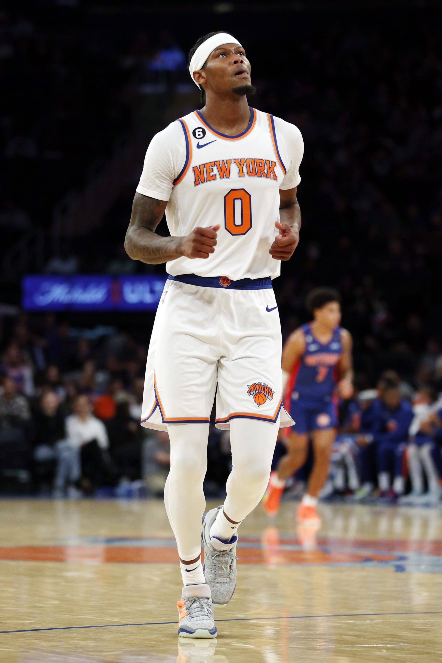 NEW YORK, NEW YORK - OCTOBER 04: Cam Reddish #0 of the New York Knicks looks on during the first half against the Detroit Pistons at Madison Square Garden on October 04, 2022 in New York City. NOTE TO USER: User expressly acknowledges and agrees that, by downloading and or using this photograph, User is consenting to the terms and conditions of the Getty Images License Agreement. (Photo by Sarah Stier/Getty Images)