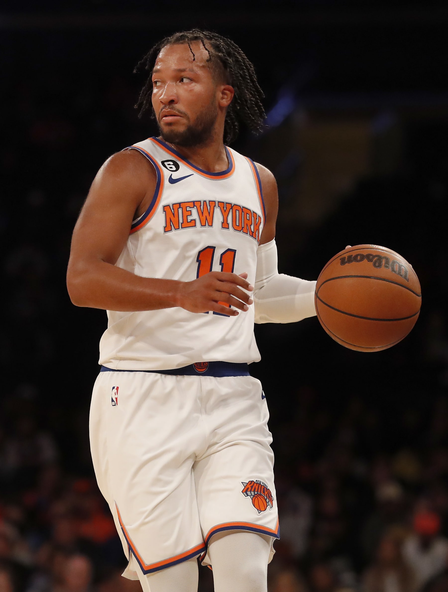 NEW YORK, NEW YORK - OCTOBER 04: (NEW YORK DAILIES OUT)  Jalen Brunson #11 of the New York Knicks in action against the Detroit Pistons at Madison Square Garden on October 04, 2022 in New York City. The Knicks defeated the Pistons 117-96. NOTE TO USER: User expressly acknowledges and agrees that, by downloading and or using this photograph, User is consenting to the terms and conditions of the Getty Images License Agreement. (Photo by Jim McIsaac/Getty Images)