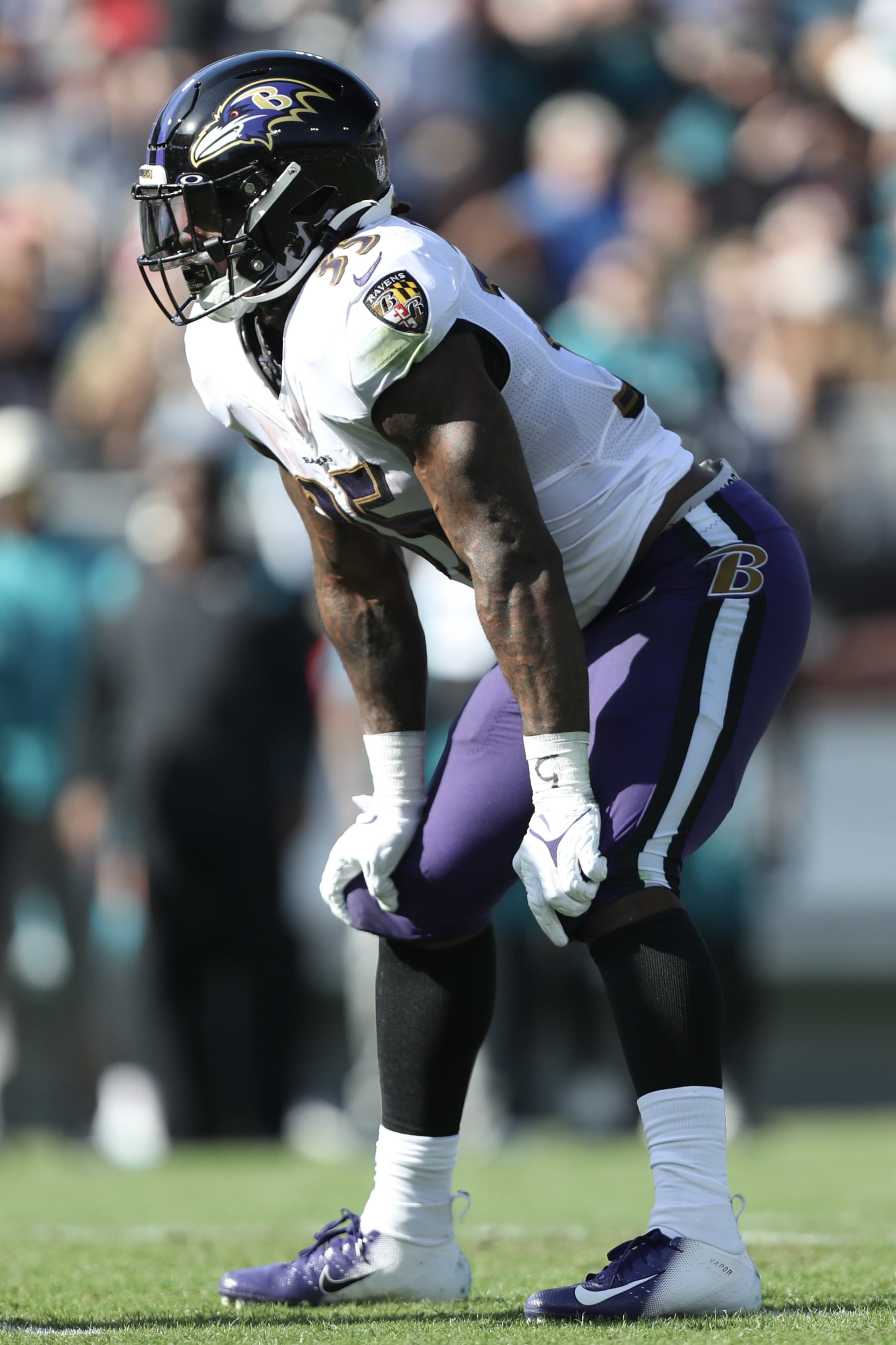 JACKSONVILLE, FLORIDA - NOVEMBER 27: Gus Edwards #35 of the Baltimore Ravens in action during the first half against the Jacksonville Jaguars at TIAA Bank Field on November 27, 2022 in Jacksonville, Florida. (Photo by Courtney Culbreath/Getty Images)