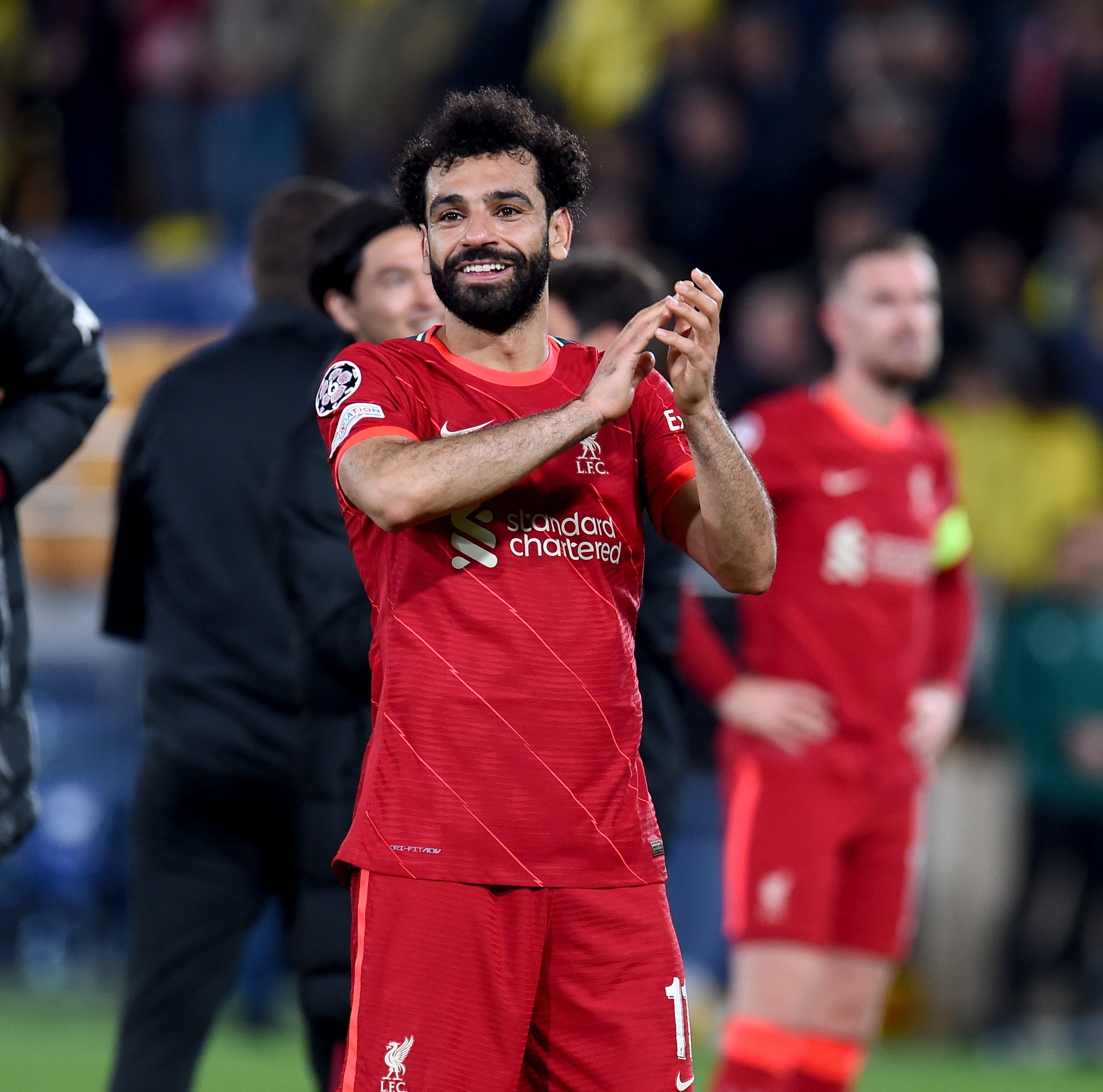 VILLARREAL, SPAIN - MAY 03: (THE SUN OUT, THE SUN ON SUNDAY OUT) Mohamed Salah of Liverpool showing his appreciation to the fans at the end of the UEFA Champions League Semi Final Leg Two match between Villarreal and Liverpool at Estadio de la Ceramica on May 03, 2022 in Villarreal, Spain. (Photo by John Powell/Liverpool FC via Getty Images)