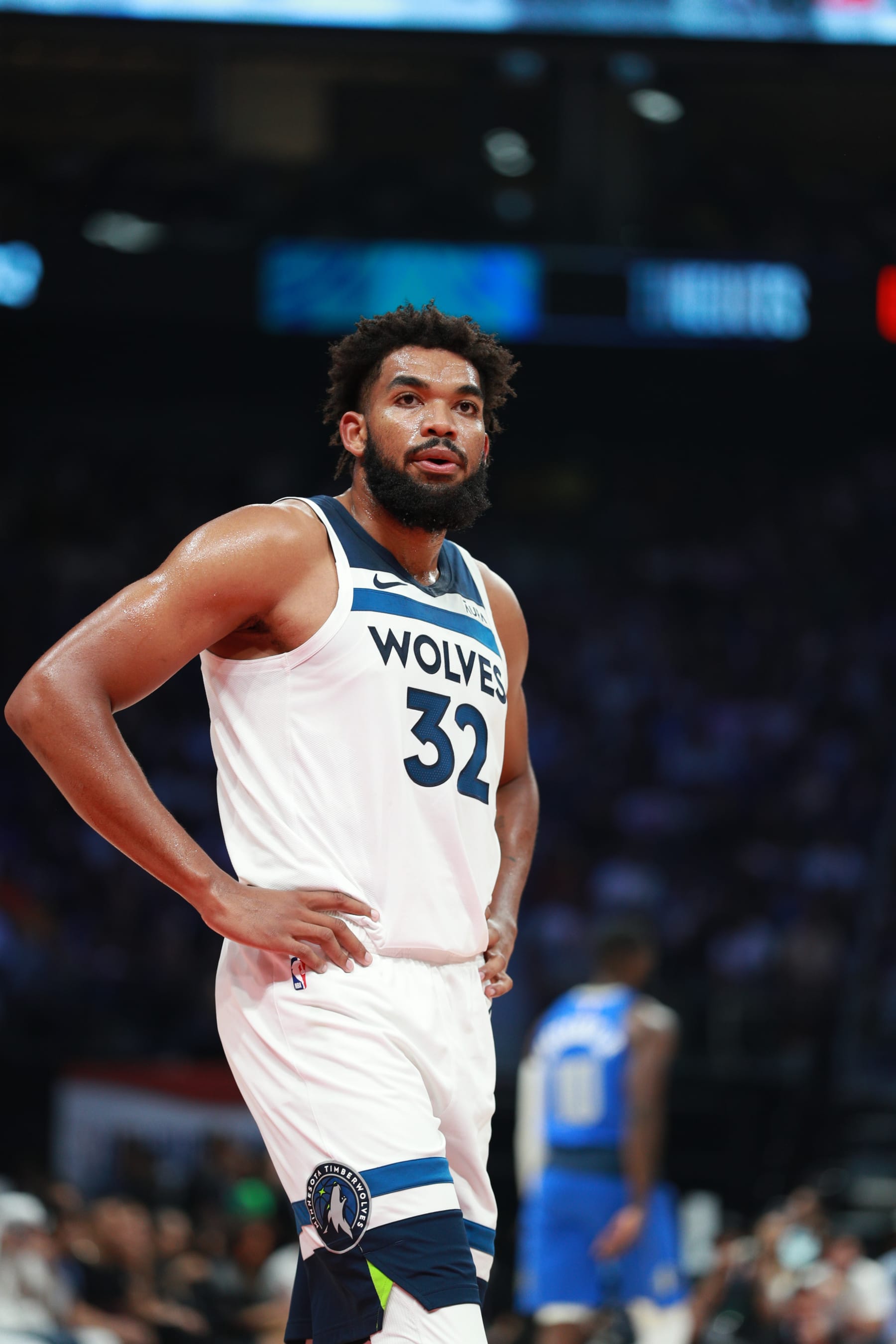 ABU DHABI, UAE - OCTOBER 7: Karl-Anthony Towns #32 of the Minnesota Timberwolves looks on during the game against the Dallas Mavericks as part of the 2023 NBA Global Games Abu Dhabi at Etihad Arena on October 7, 2023 in Abu Dhabi, The United Arab Emirates. NOTE TO USER: User expressly acknowledges and agrees that, by downloading and/or using this Photograph, user is consenting to the terms and conditions of the Getty Images License Agreement. Mandatory Copyright Notice: Copyright 2023 NBAE (Photo by Chris Marion/NBAE via Getty Images)
