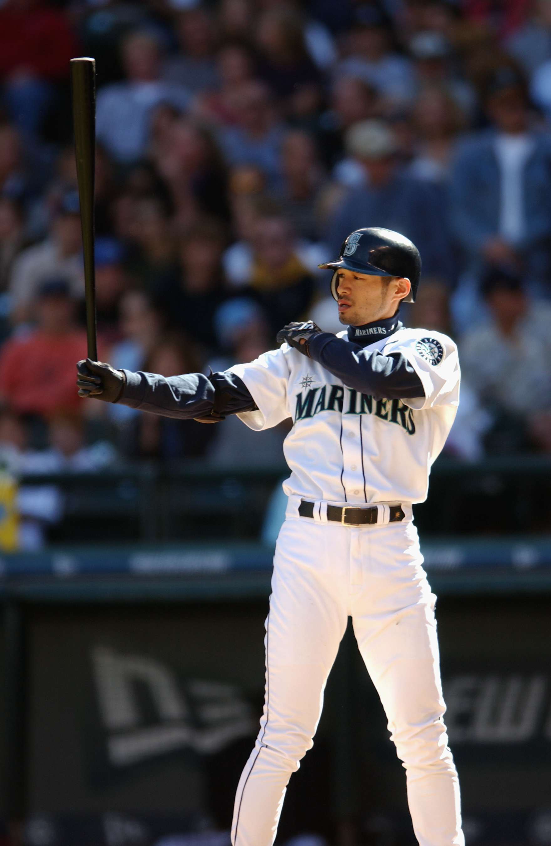 SEATTLE - SEPTEMBER 22:  Rightfielder Ichiro Suzuki #51 of the Seattle Mariners readies at the plate against the Anaheim Angels during the game on September 22, 2002 at Safeco Field in Seattle, Washington.  The Mariners defeated the Angels 3-2.  (Photo by Otto Greule Jr/Getty Images)
