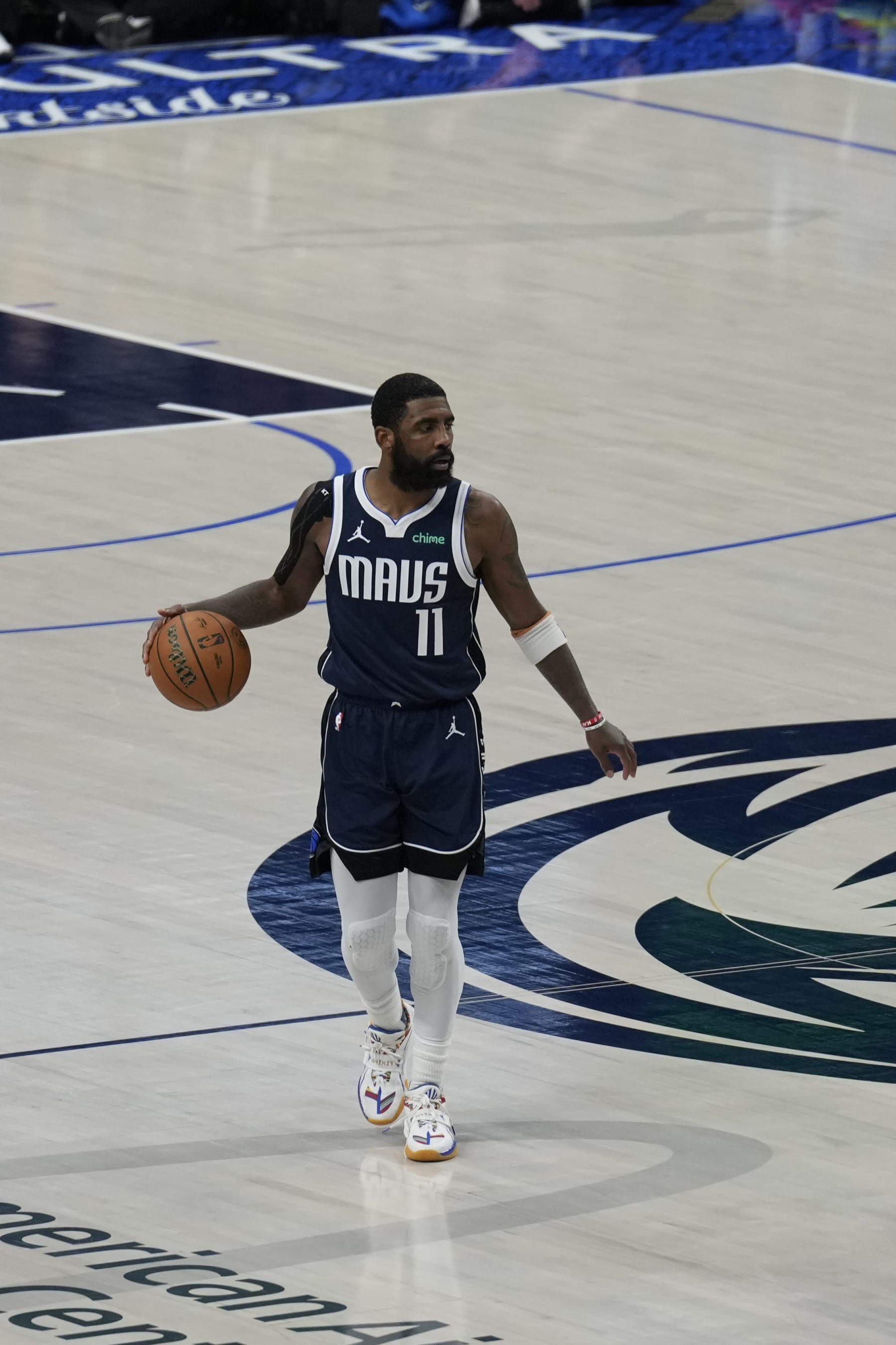 BOSTON, MA - JUNE 14:  Kyrie Irving #11 of the Dallas Mavericks handles the ball during the game  against the Boston Celtics during Game Four of the 2024 NBA Finals on June 14, 2024 at the American Airlines Center in Dallas, Texas. NOTE TO USER: User expressly acknowledges and agrees that, by downloading and or using this photograph, User is consenting to the terms and conditions of the Getty Images License Agreement. Mandatory Copyright Notice: Copyright 2024 NBAE (Photo by Jim Cowsert/NBAE via Getty Images)